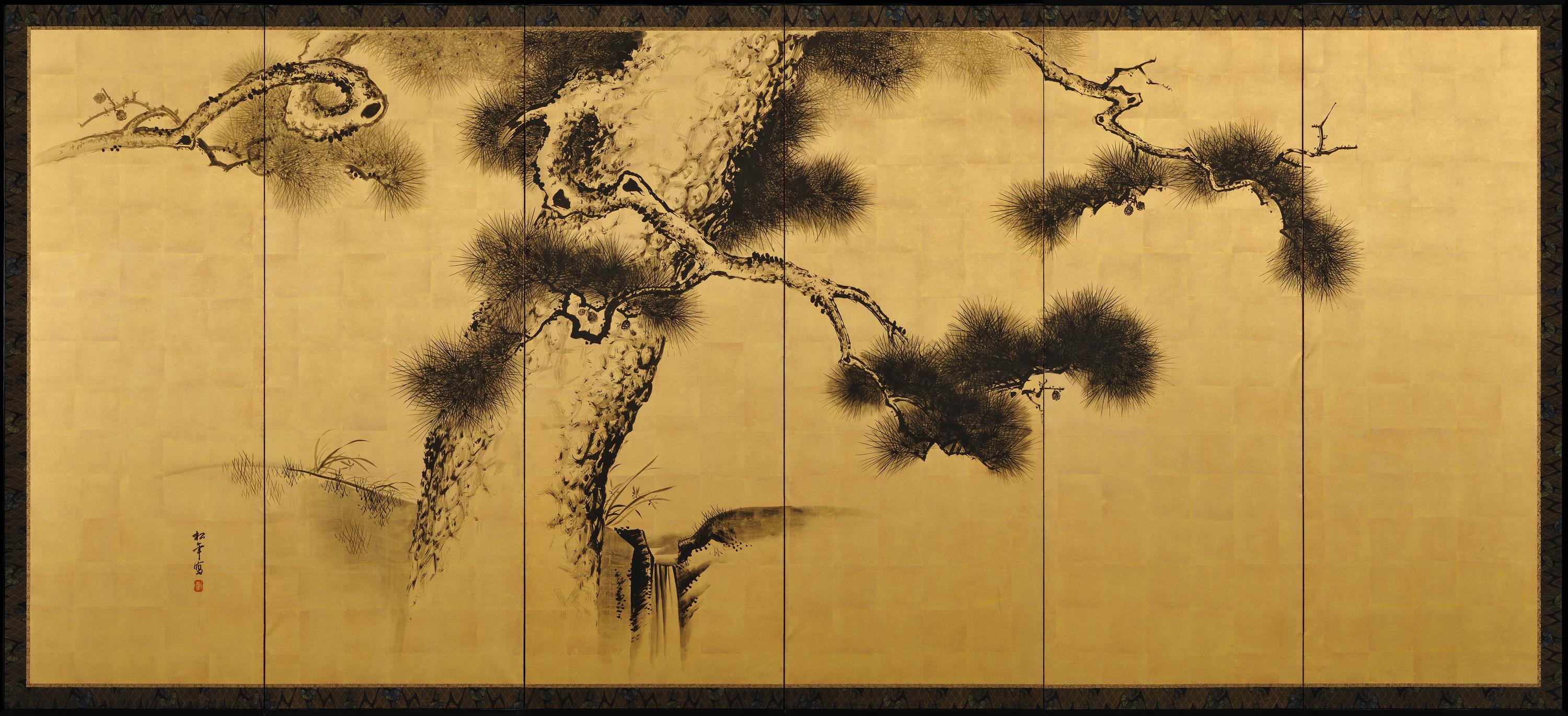 Japanese Screen pair. Late 19th Century. Ink Pine Trees on Gold by Suzuki Shonen For Sale 3