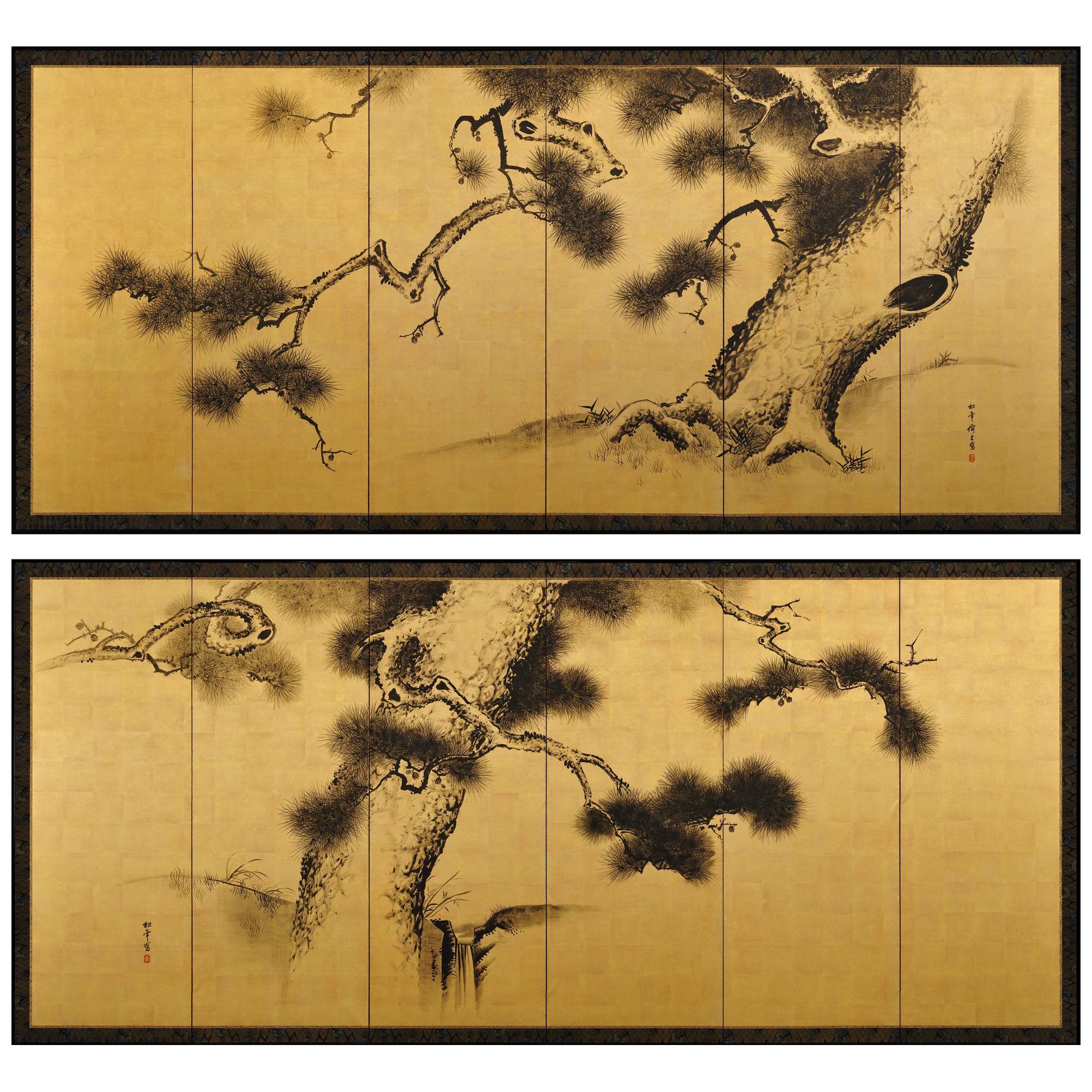 Japanese Screen pair. Late 19th Century. Ink Pine Trees on Gold by Suzuki Shonen For Sale