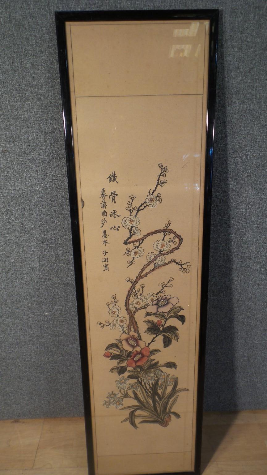 A wonderful unique Japanese hand painted paper panel in a later lacquered frame

It features lotus flowers on sinuous stems, an iconic Japanese image

In beautiful detail, and we did question first whether these were wood blocks but they seem a