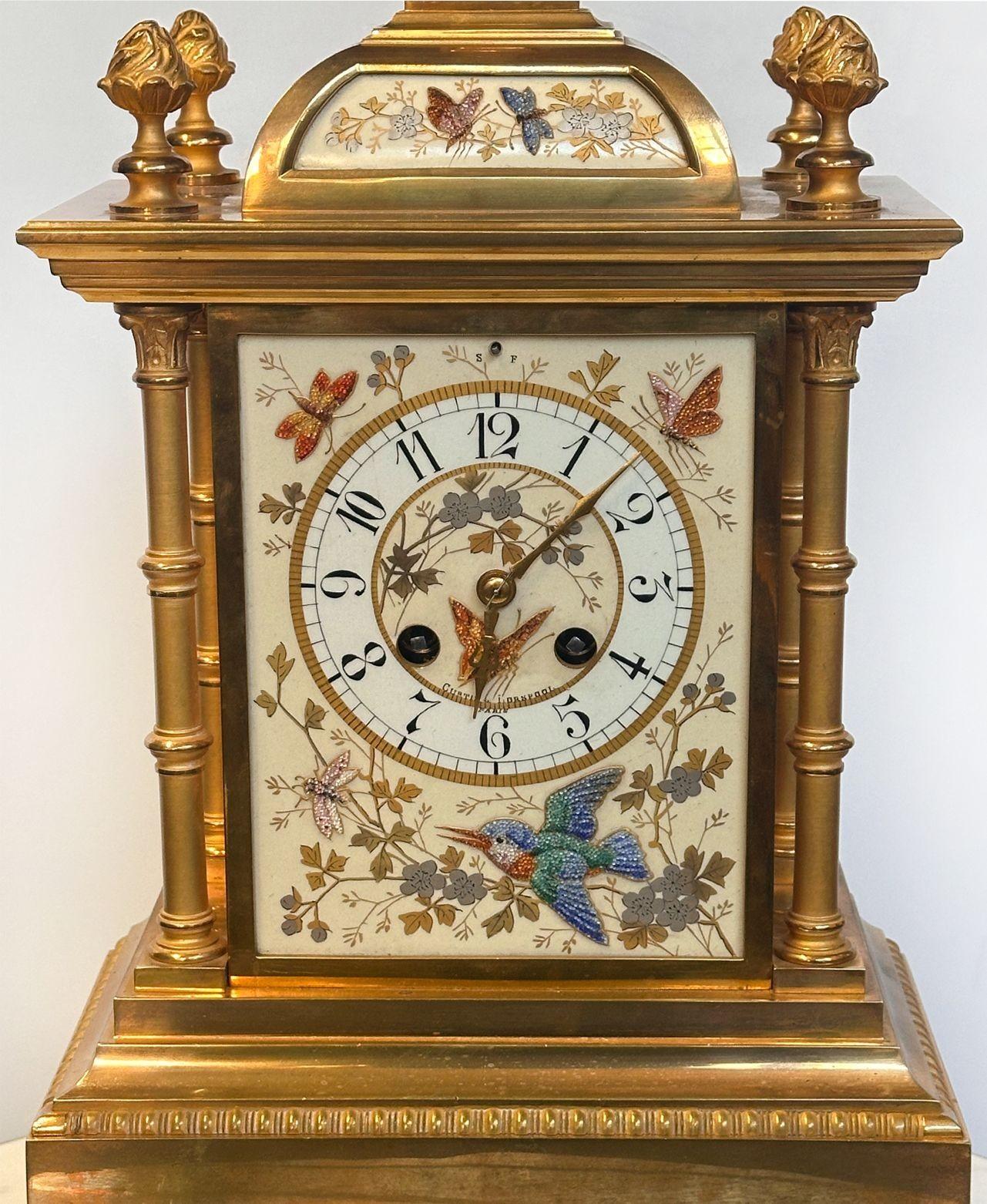 French Late 19th Century Japonisme Gilt Metal Mantel Clock by Curtis & Horspool, Paris For Sale
