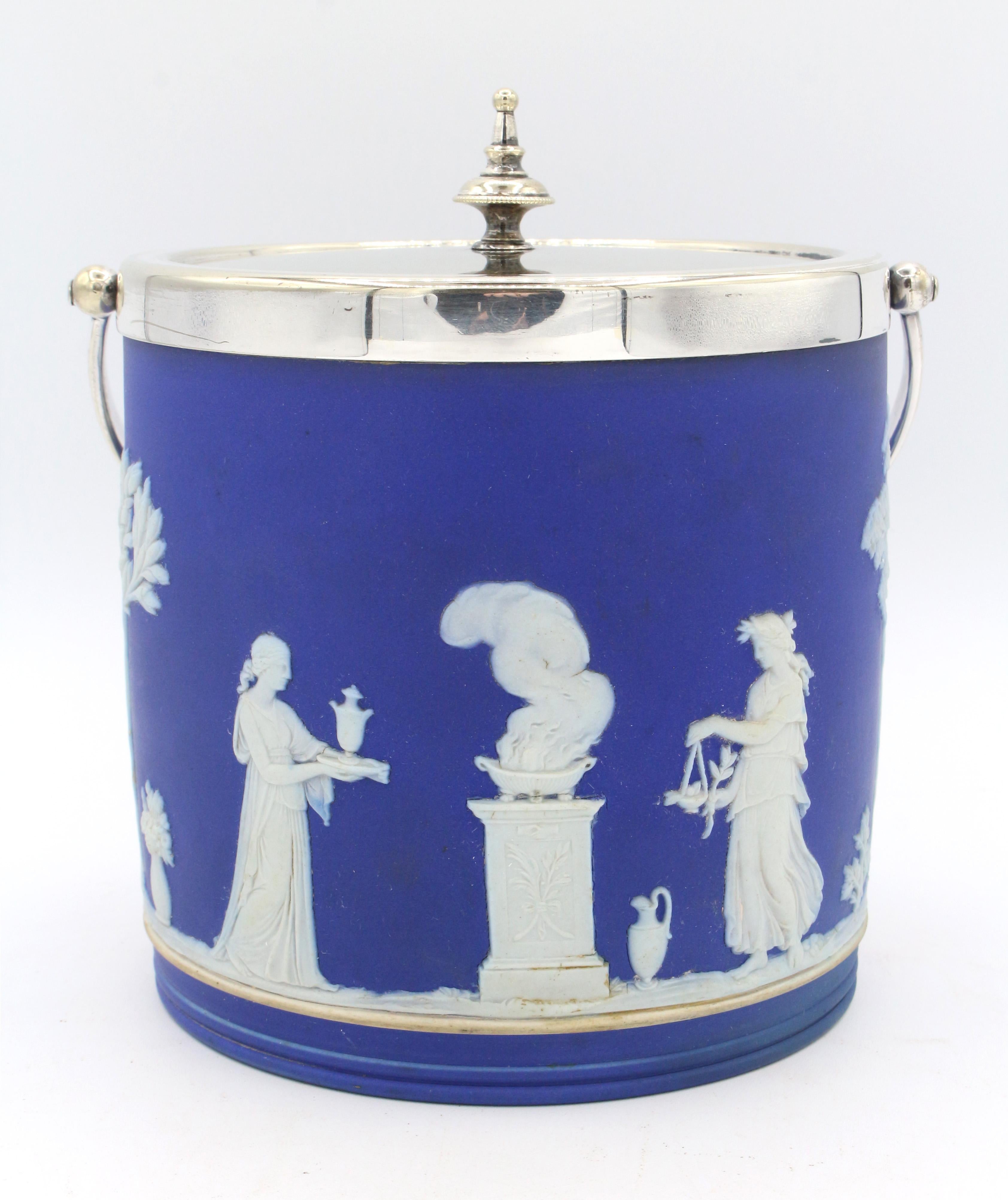 Deep blue Jasperware Wedgwood biscuit barrel with silver plated fittings, late 19th century. The silver plated fittings marked by Daniel & Arter of Birmingham. The box is marked 