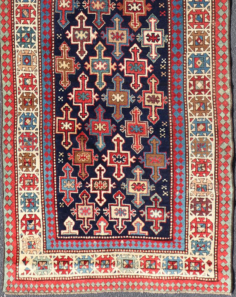 Caucasian Late 19th Century Kazak Runner with Geometric Design in Tribal Crosses For Sale