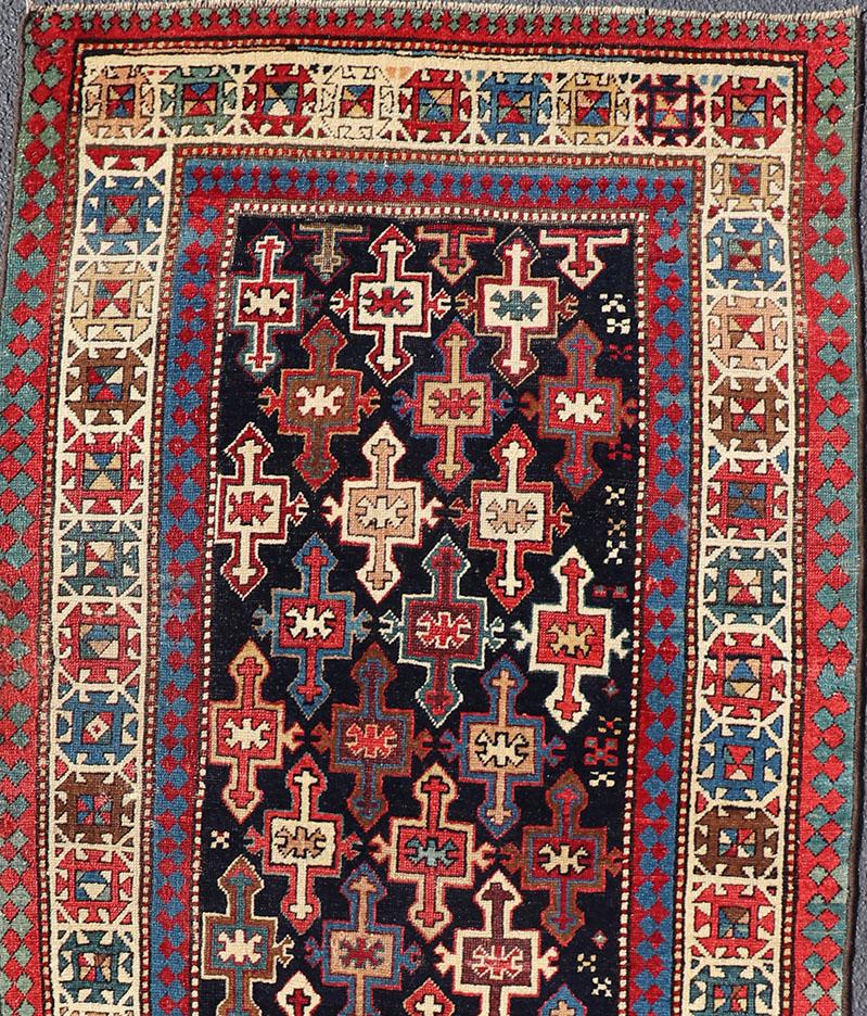 Hand-Knotted Late 19th Century Kazak Runner with Geometric Design in Tribal Crosses For Sale