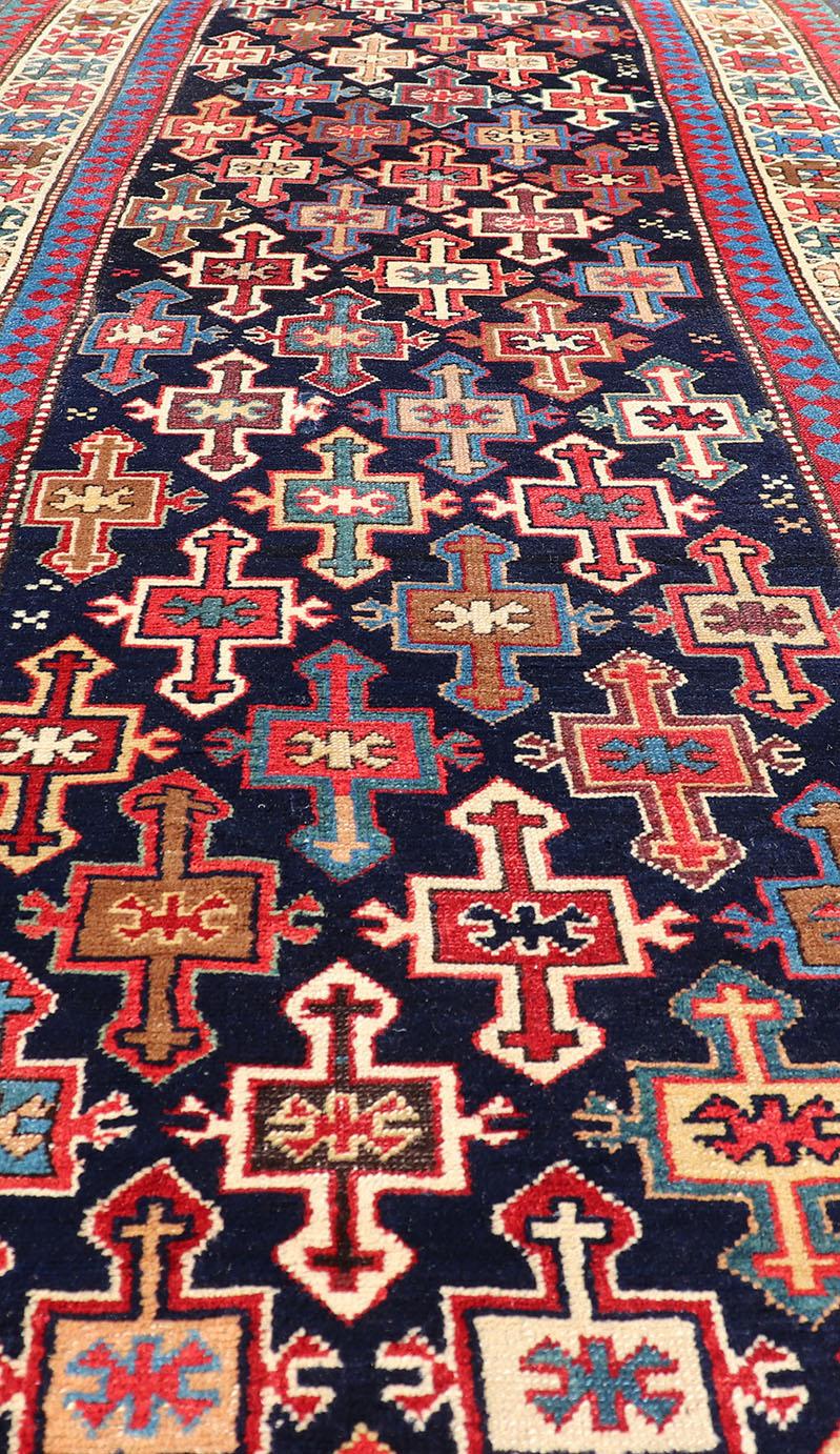 Late 19th Century Kazak Runner with Geometric Design in Tribal Crosses For Sale 1