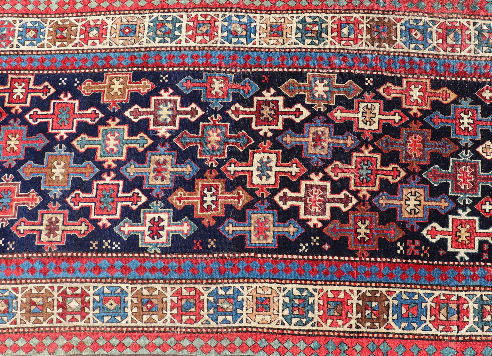 Late 19th Century Kazak Runner with Geometric Design in Tribal Crosses For Sale 2