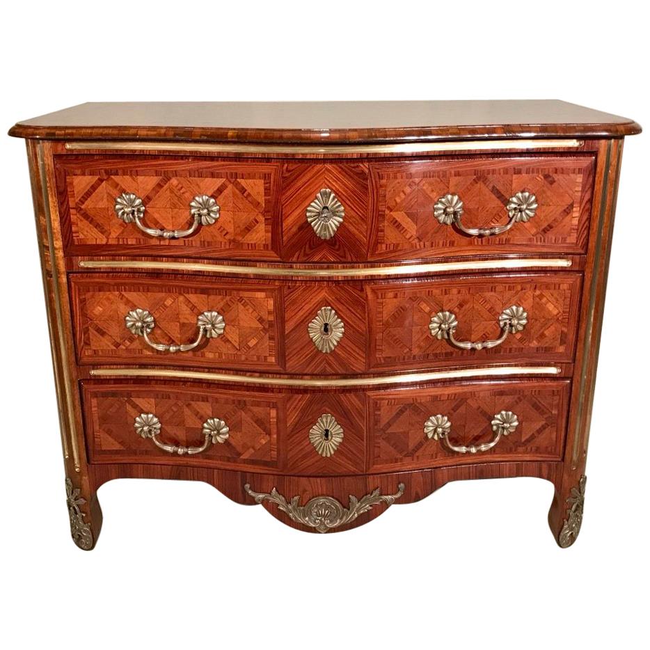 Late 19th Century Kingwood Parquetry Serpentine Commode with Brass Inlay