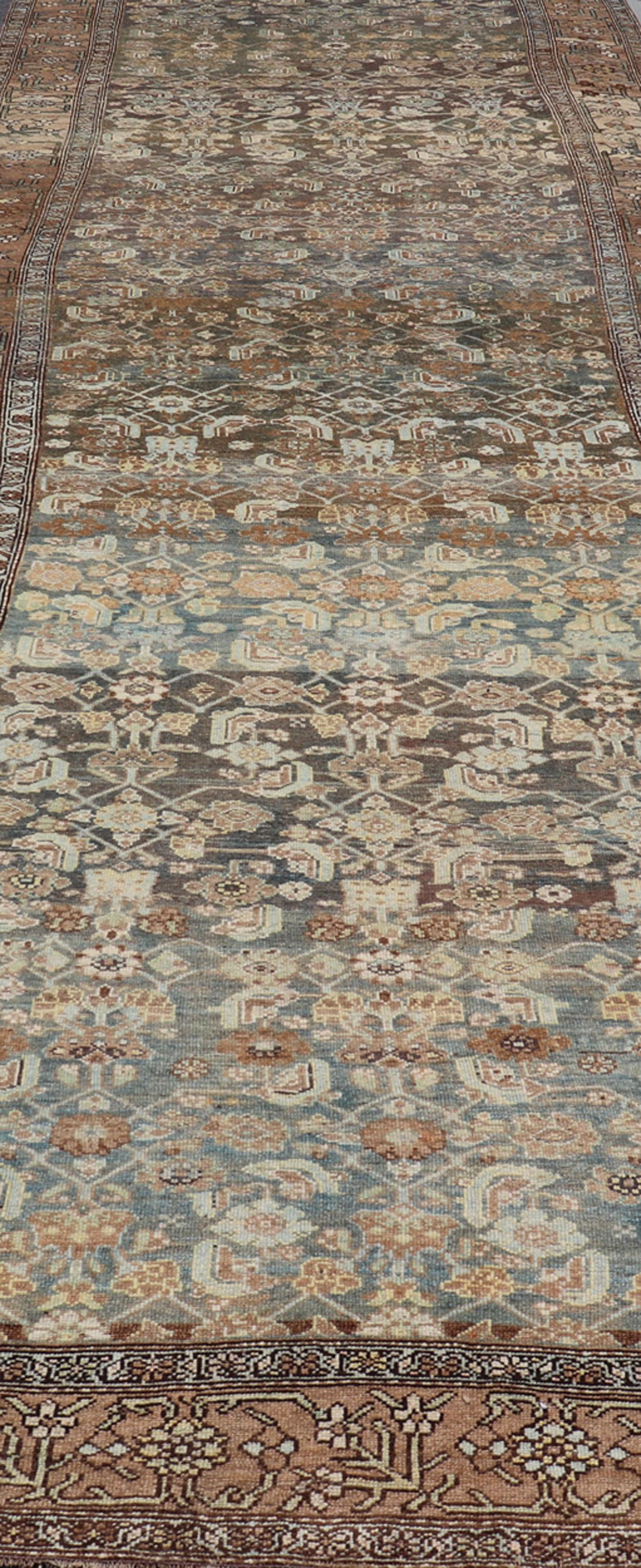 Malayer Late 19th Century Kurdish Antique All Over Design Gallery Runner in Muted Tones For Sale