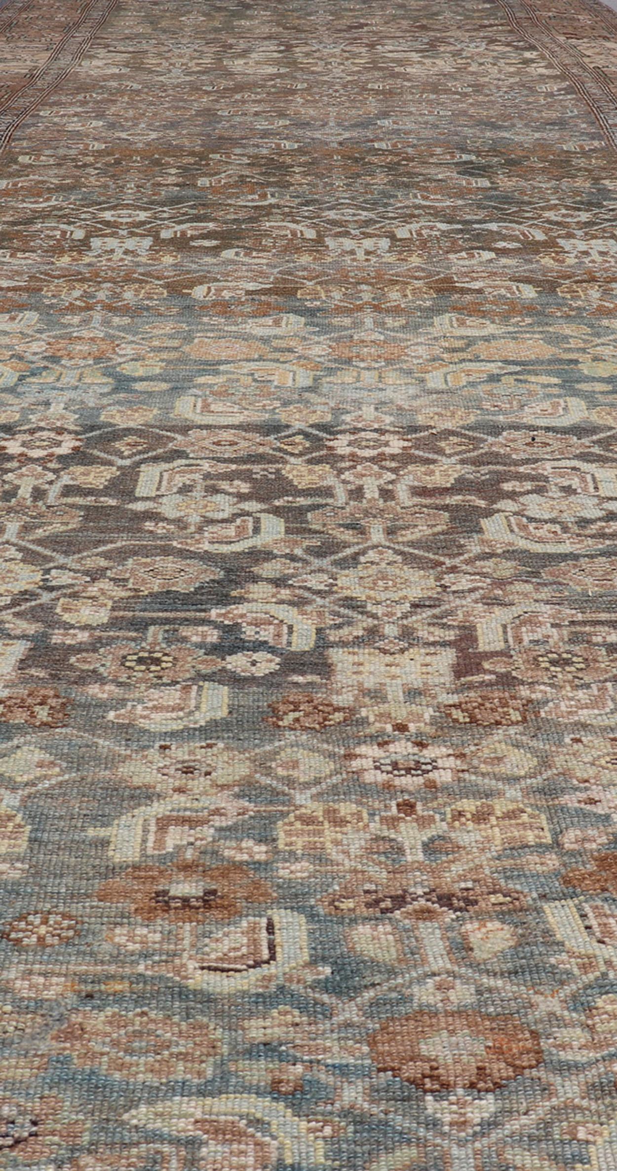 Persian Late 19th Century Kurdish Antique All Over Design Gallery Runner in Muted Tones For Sale