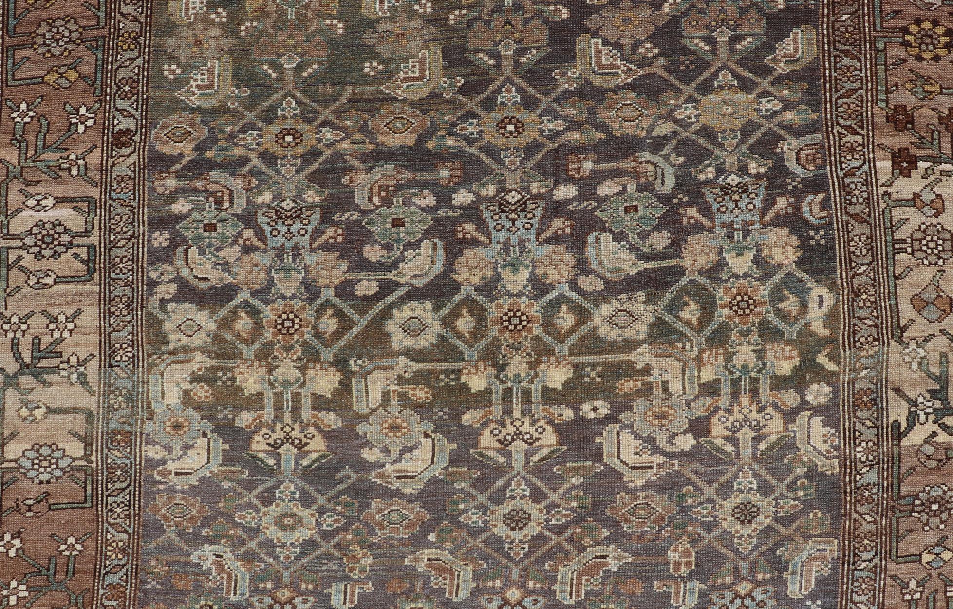 Wool Late 19th Century Kurdish Antique All Over Design Gallery Runner in Muted Tones For Sale