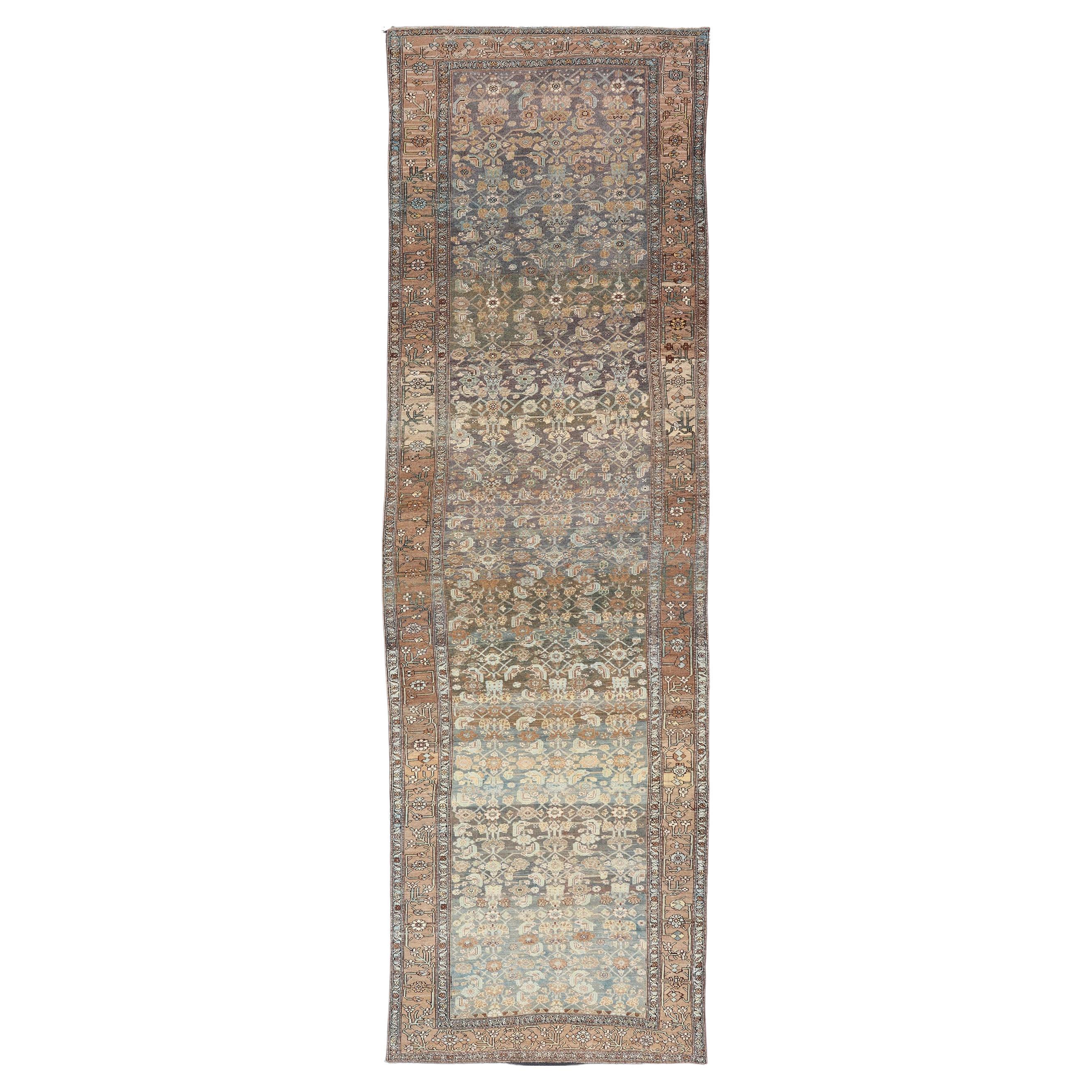 Late 19th Century Kurdish Antique All Over Design Gallery Runner in Muted Tones For Sale