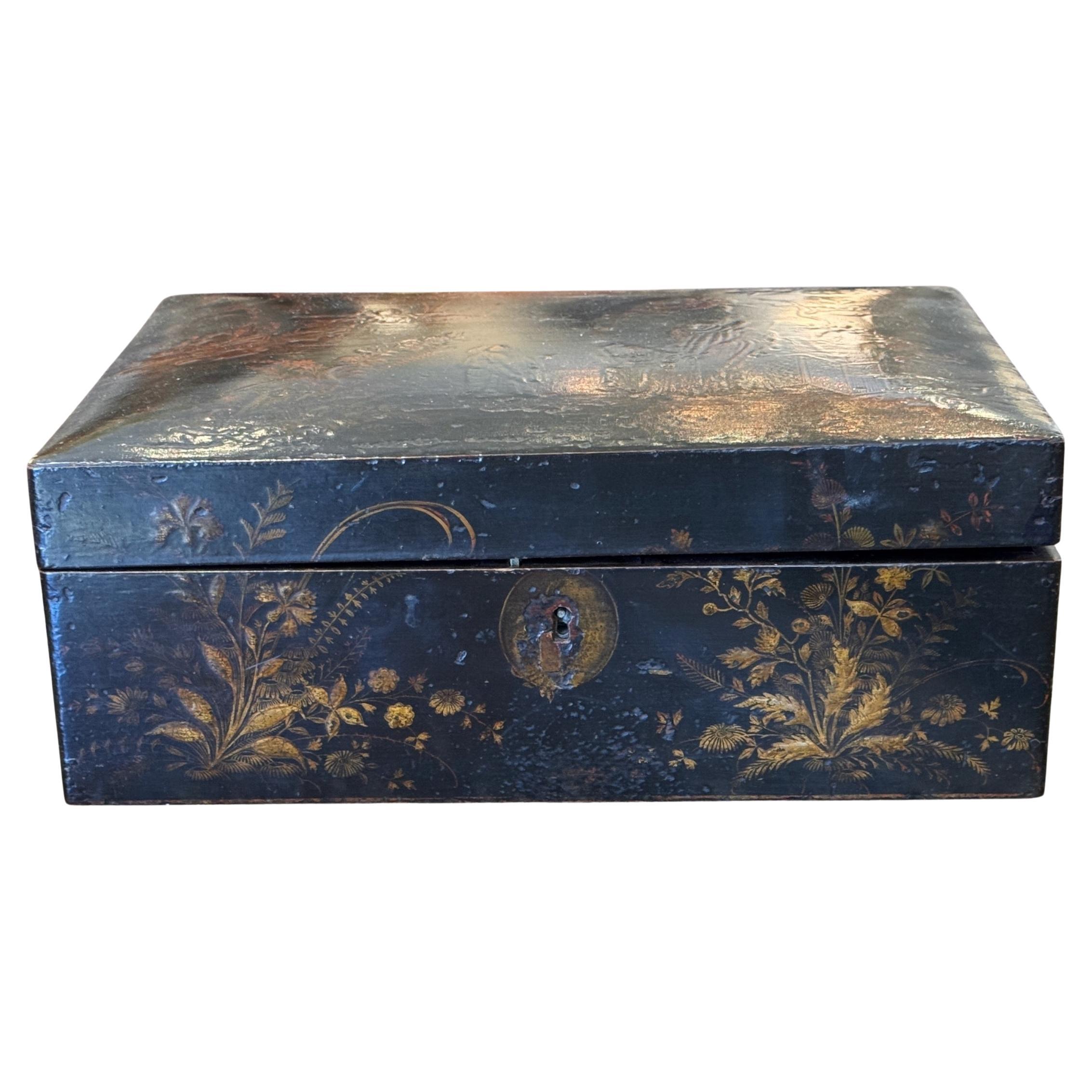 Late 19th Century Lacquered Box With Gilt Chinoiserie Scenes