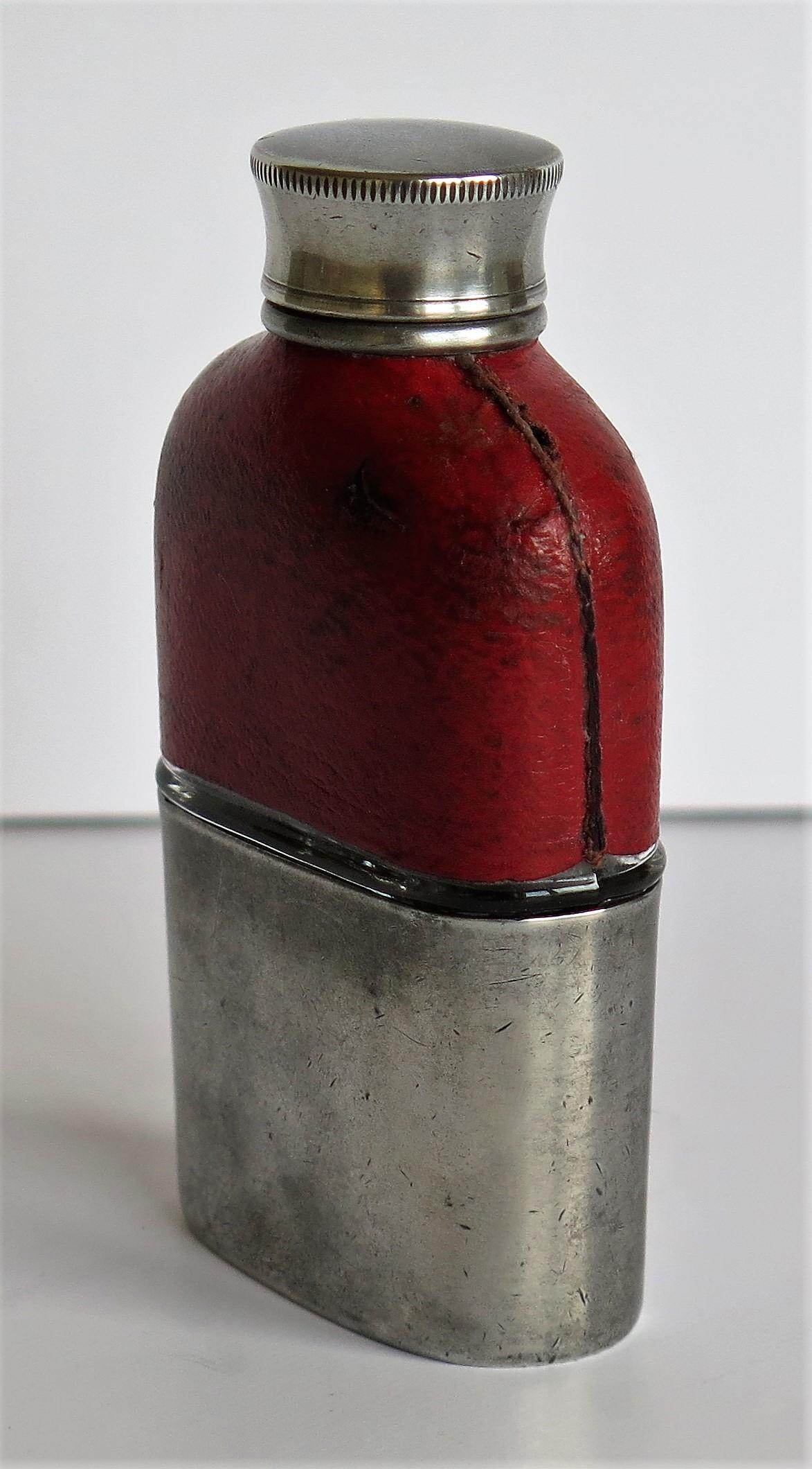 English Late 19th Century Ladies Hip Flask Red Leather Glass and Pewter Cup, circa 1890
