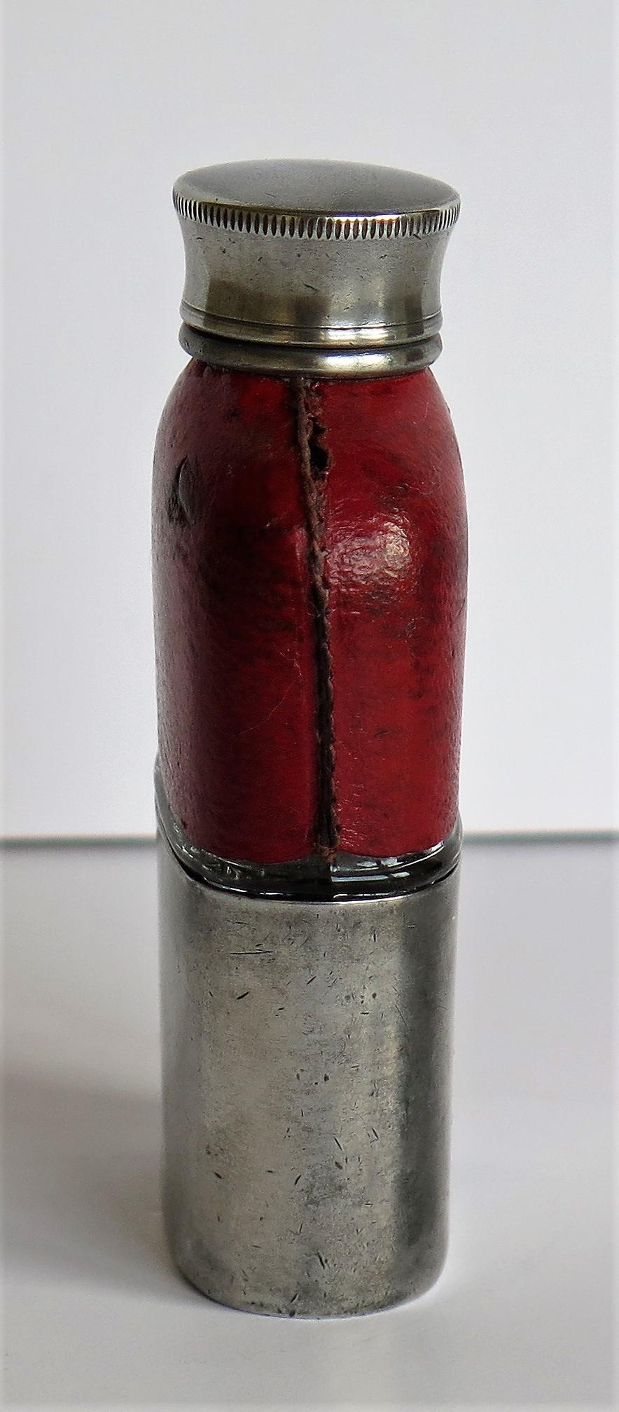 Molded Late 19th Century Ladies Hip Flask Red Leather Glass and Pewter Cup, circa 1890