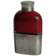 Used Late 19th Century Ladies Hip Flask Red Leather Glass and Pewter Cup, circa 1890