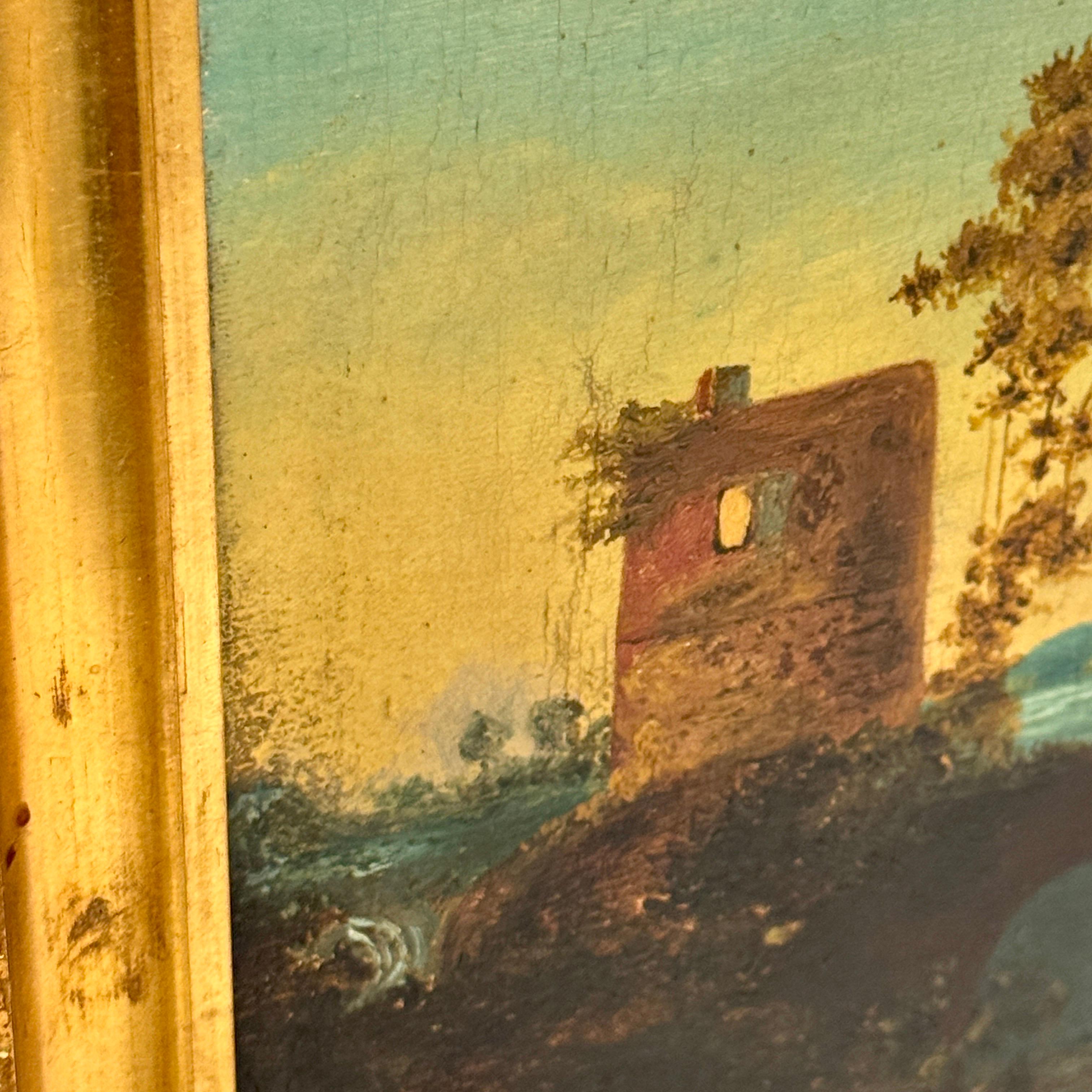 A peaceful French painting on canvas depicting landscape scene featuring a house or small castle in ruins, a water with a bridge nearby. The painting is contained in a simple gold leaf frame. Certainly, a classic piece of art to add to a collection
