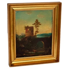 Late 19th Century Landscape Oil Painting of Ruins in Viaduct, France