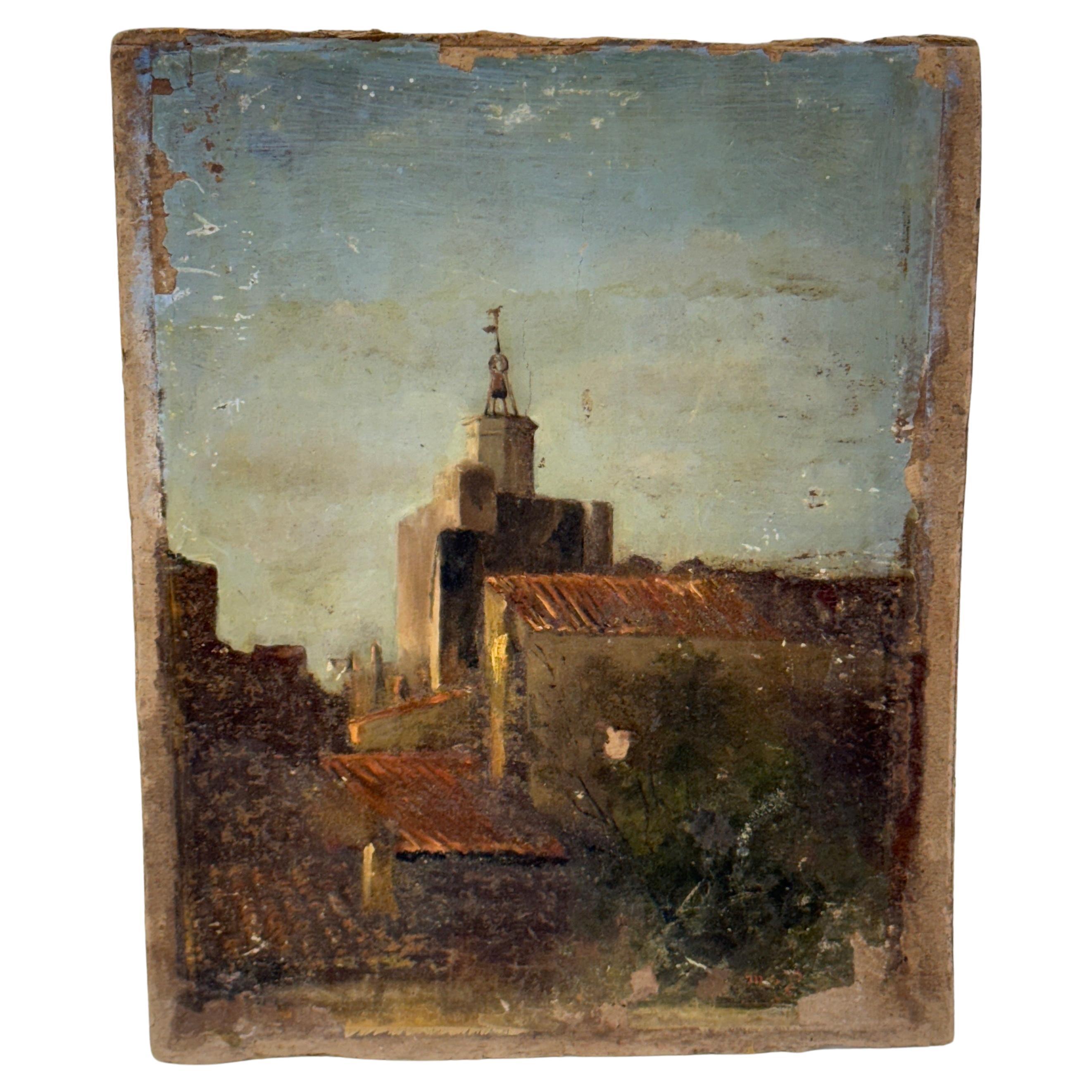Paesaggio dipinto a olio su tavola della fine del XIX secolo, Francia
