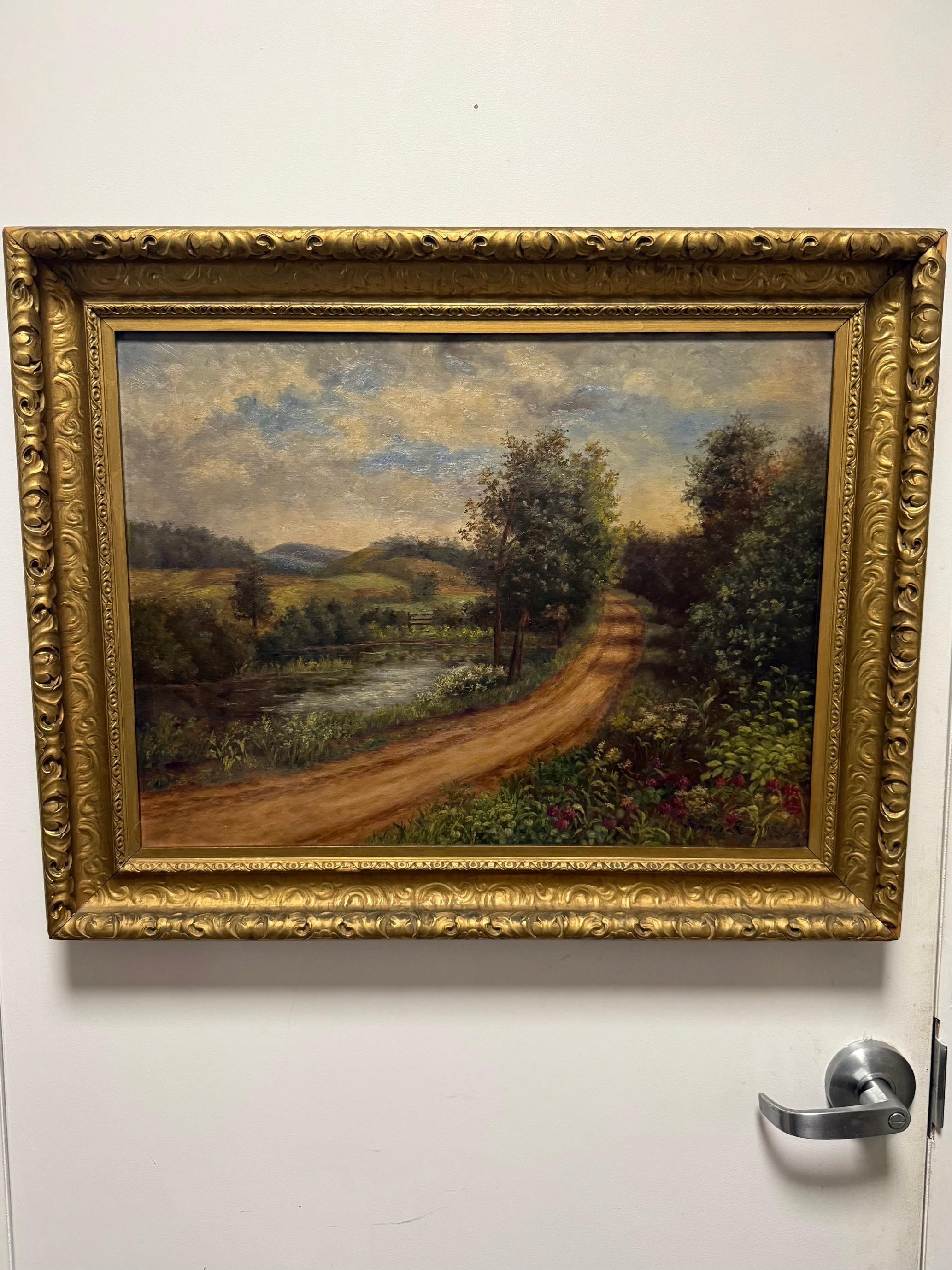 Ende des 19. Jahrhunderts Landschaftsgemälde Öl auf Leinwand signiert Jennie Young in seinem ursprünglichen Rahmen. Ich glaube, dieses Bild stammt von Jennie Brownscombe Young (1858-1934), einer amerikanischen Malerin, Illustratorin und Designerin.