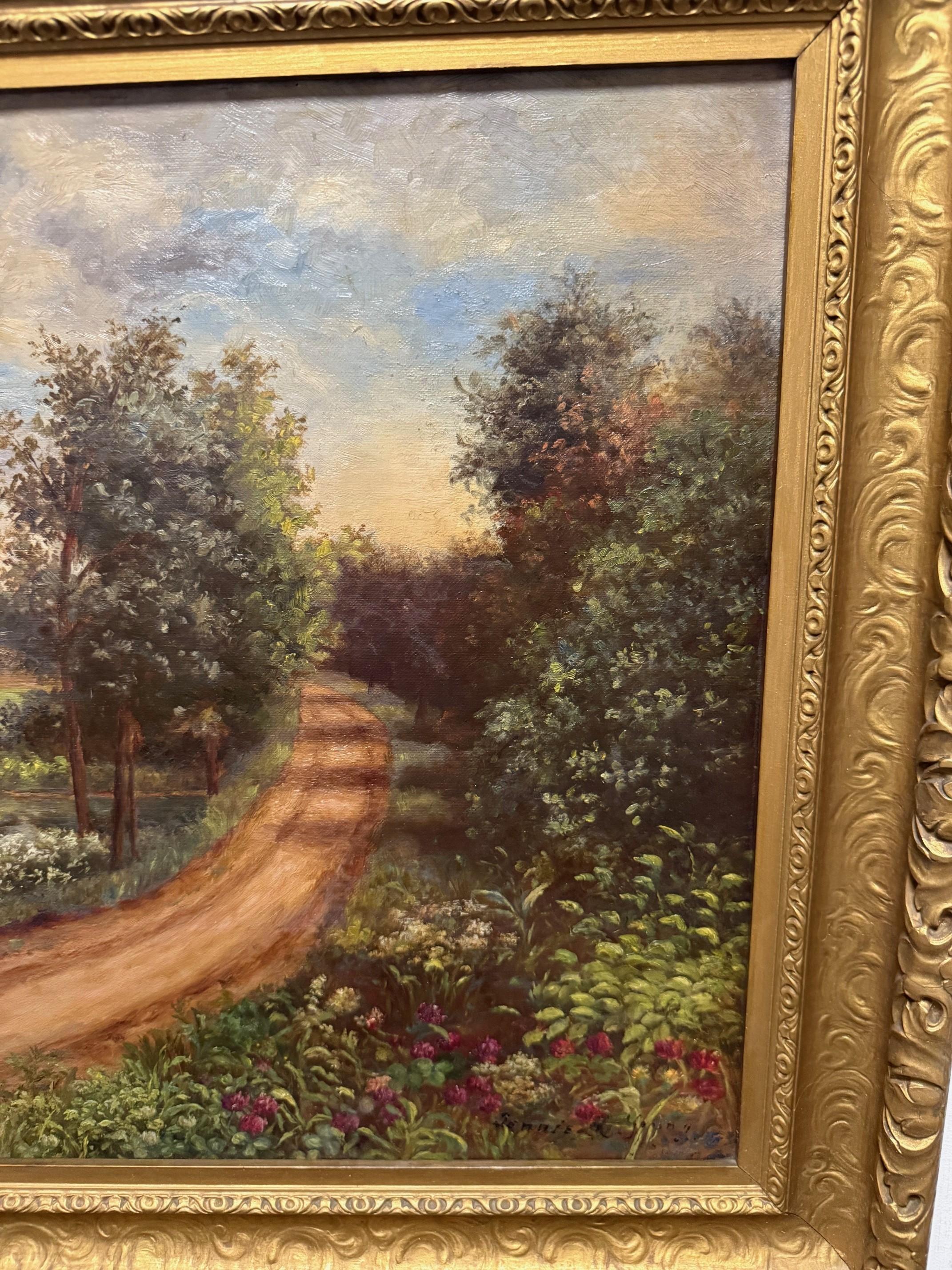 Ende des 19. Jahrhunderts Landschaftsgemälde Öl auf Leinwand Signiert Jennie Young Gerahmt im Zustand „Gut“ im Angebot in Stamford, CT