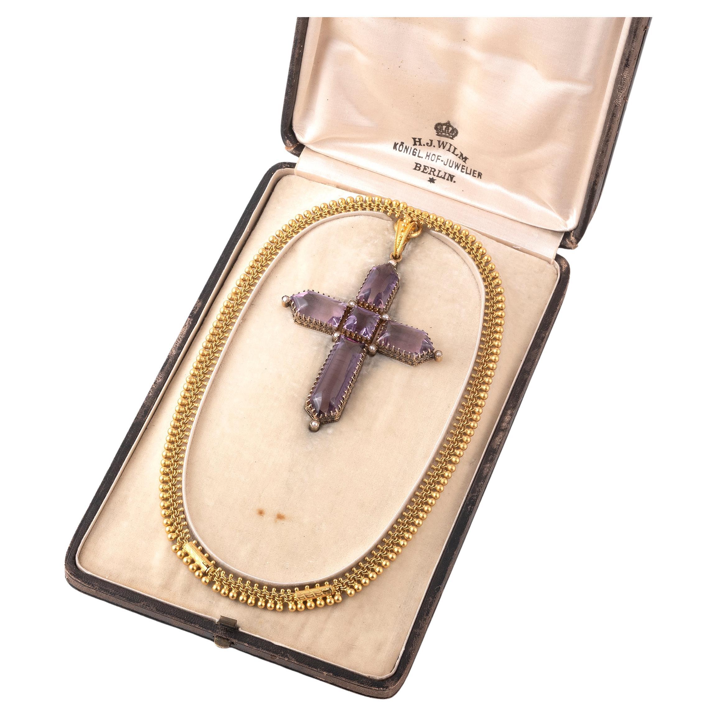 Late 19th Century Large Amethyst Cross Pendant With Gold Necklace