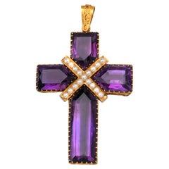Late 19th Century Large Amethyst Pearl and Gold Cross Pendant