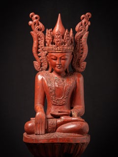 Late 19th Century Large antique wooden crowned Burmese Buddha statue