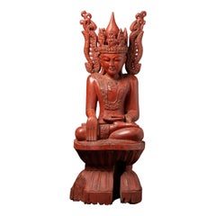 Late 19th Century Large antique wooden crowned Burmese Buddha statue