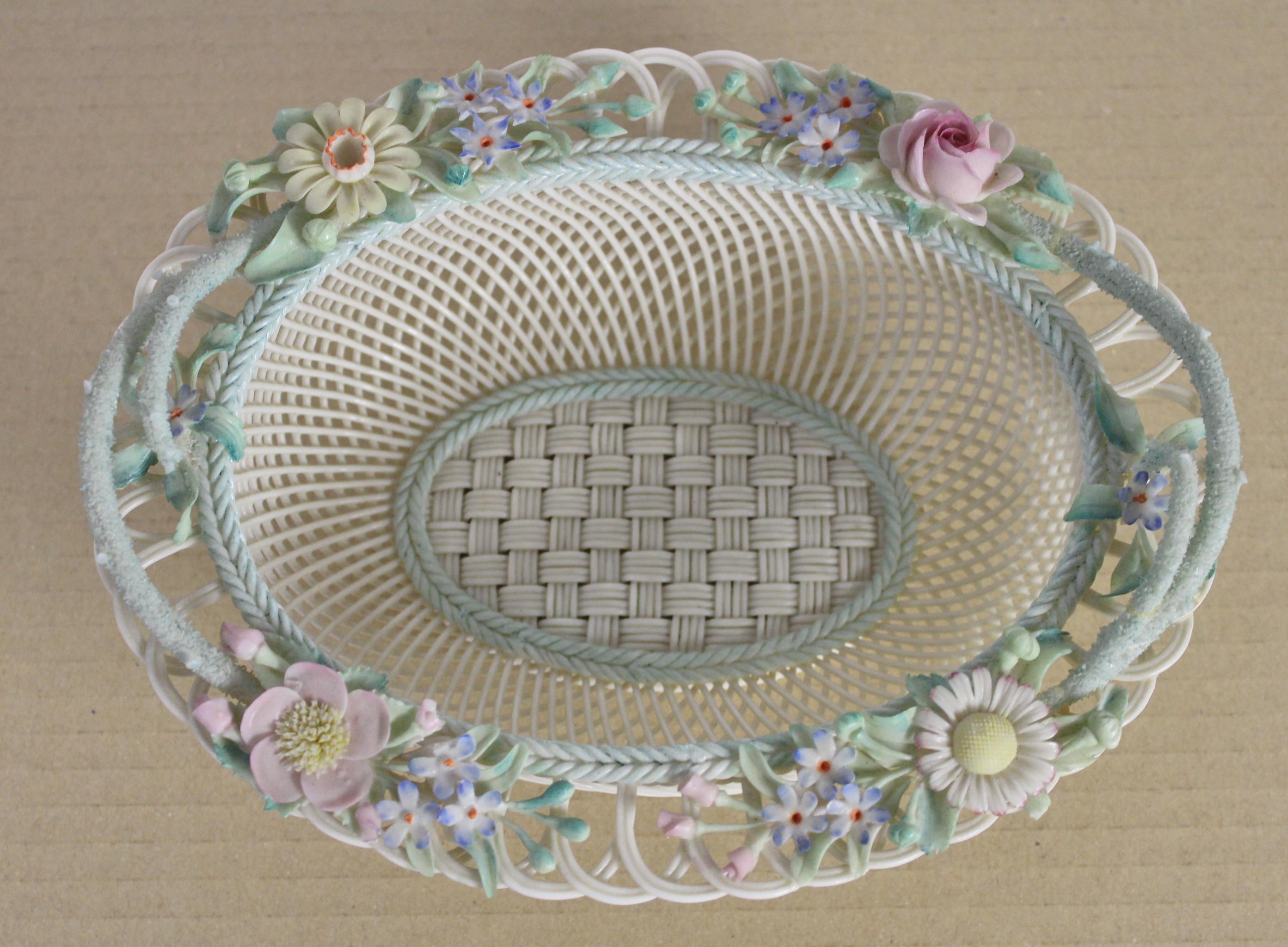 Irish Late 19th Century Large Belleek Floral Decorated Porcelain Basket For Sale