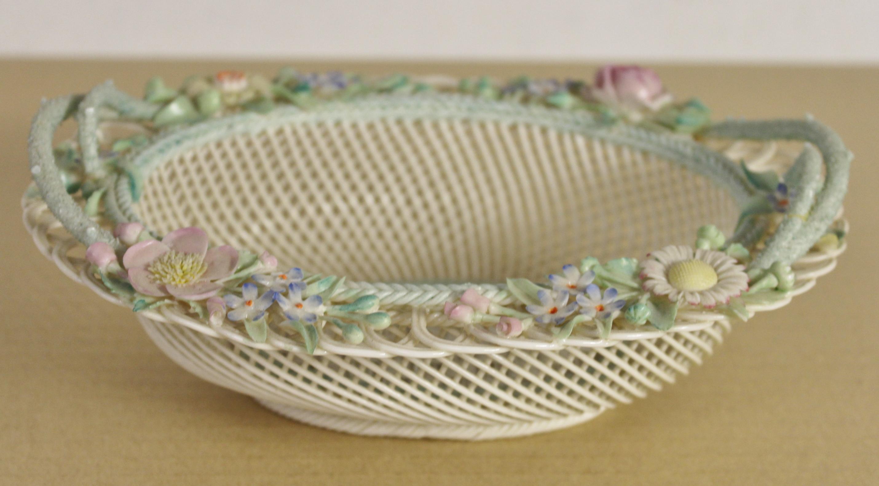 Late 19th Century Large Belleek Floral Decorated Porcelain Basket In Good Condition For Sale In Poling, West Sussex