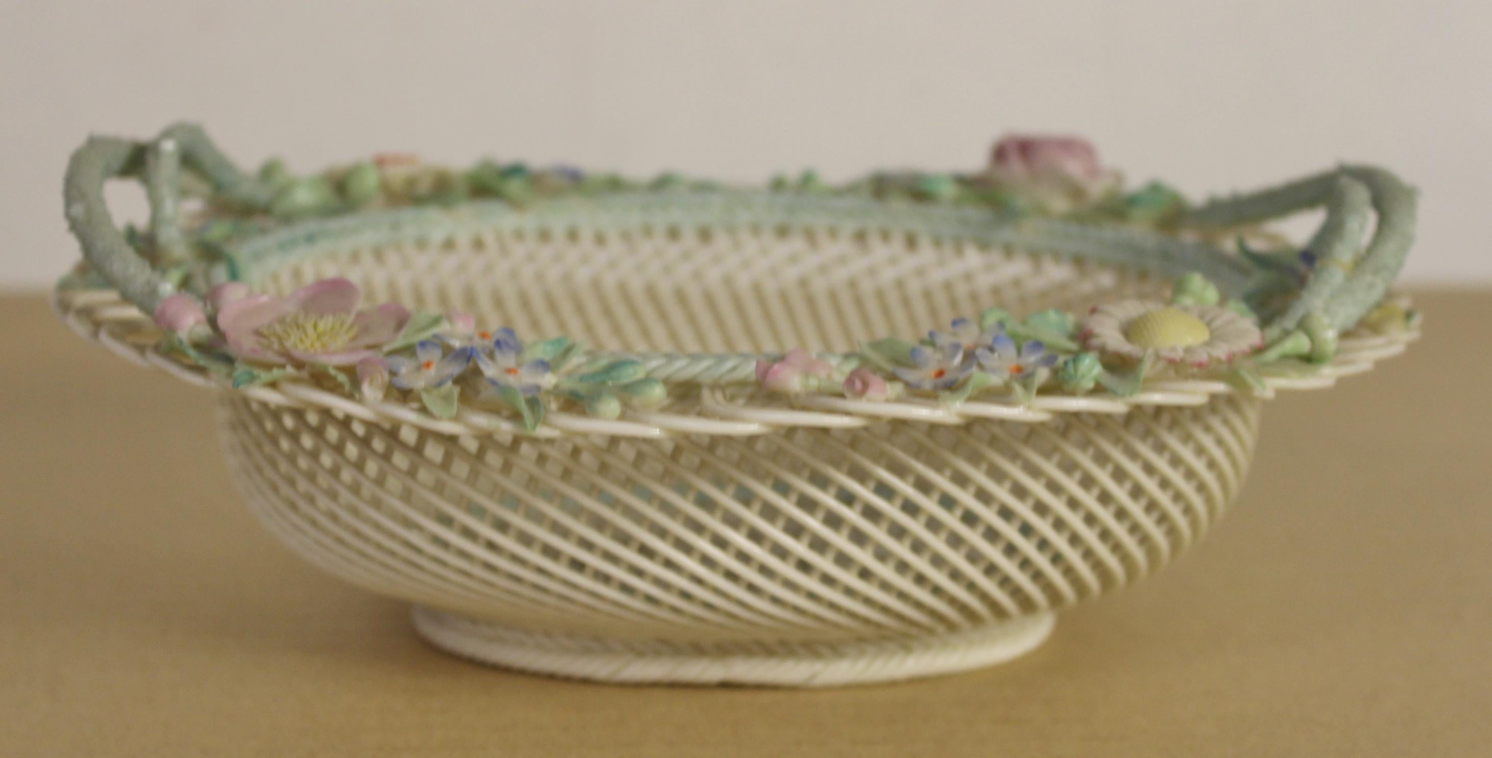 Late 19th Century Large Belleek Floral Decorated Porcelain Basket For Sale 1