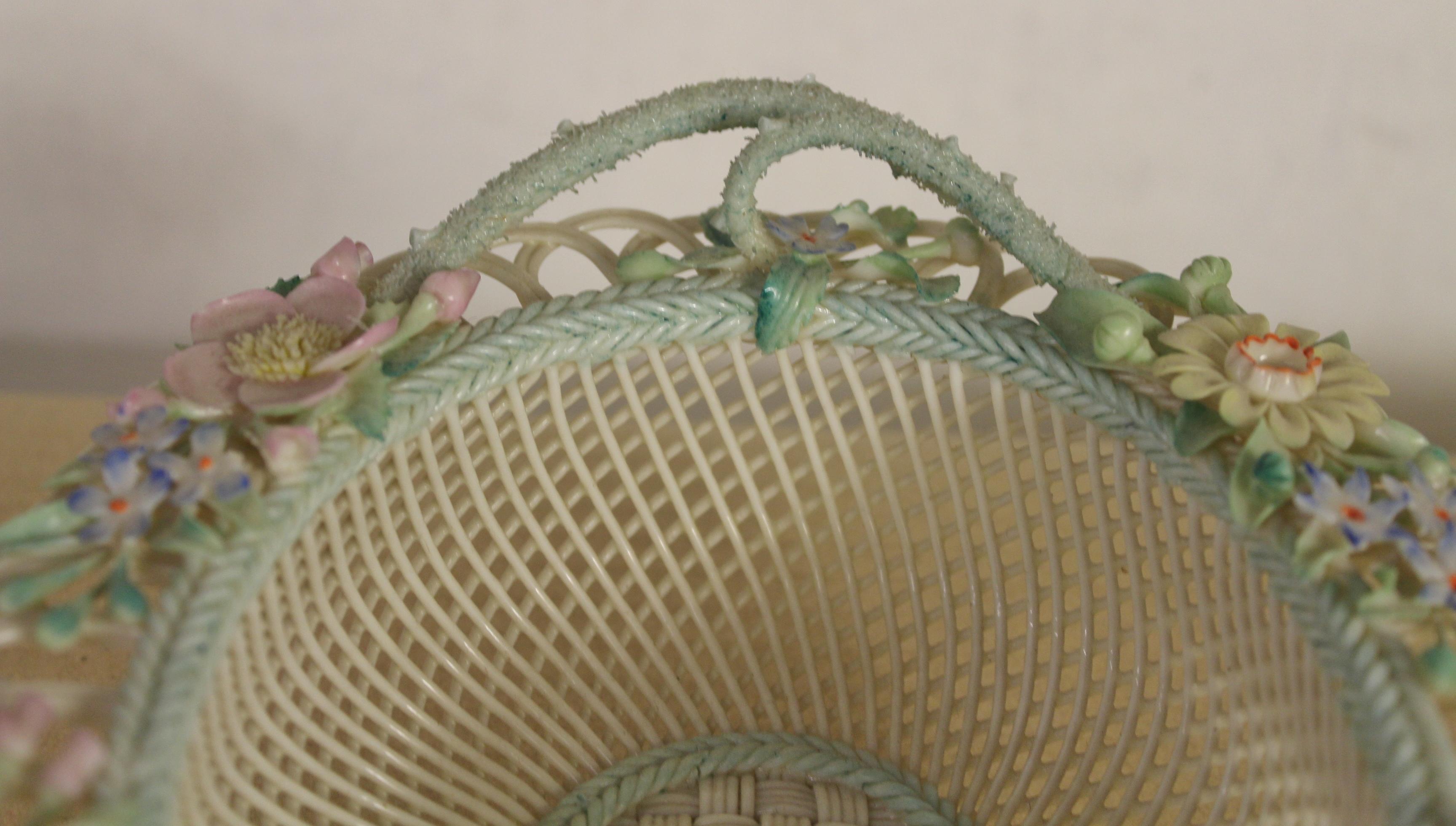 Late 19th Century Large Belleek Floral Decorated Porcelain Basket For Sale 5