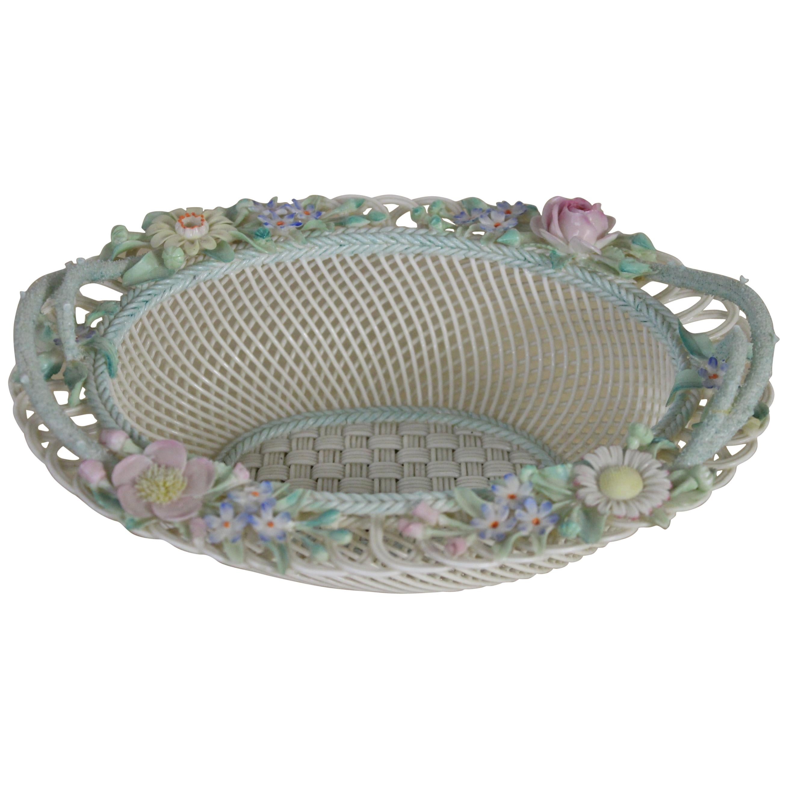 Late 19th Century Large Belleek Floral Decorated Porcelain Basket For Sale
