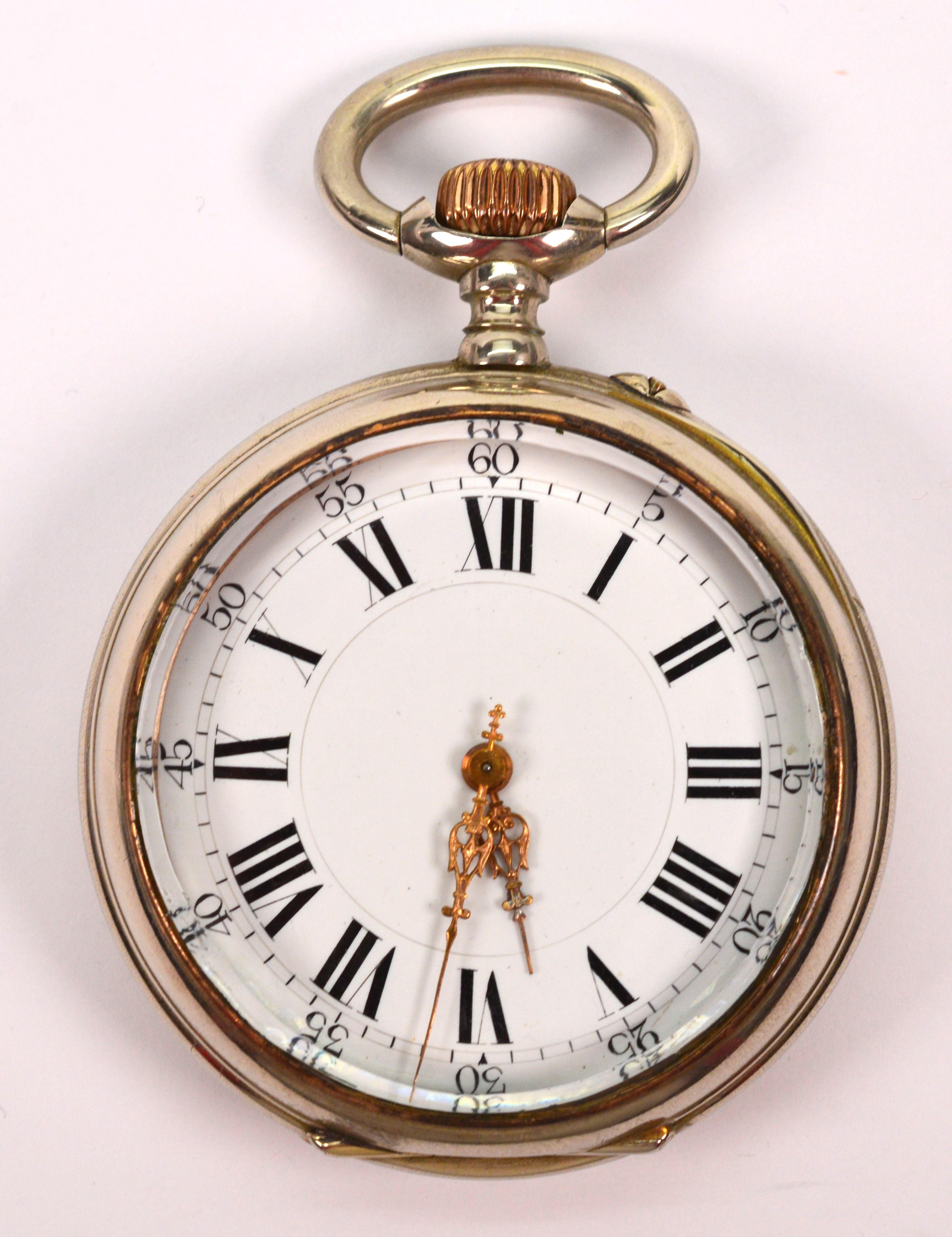 Late 19th Century Large Desk Size Nickel Pocket Watch For Sale 10