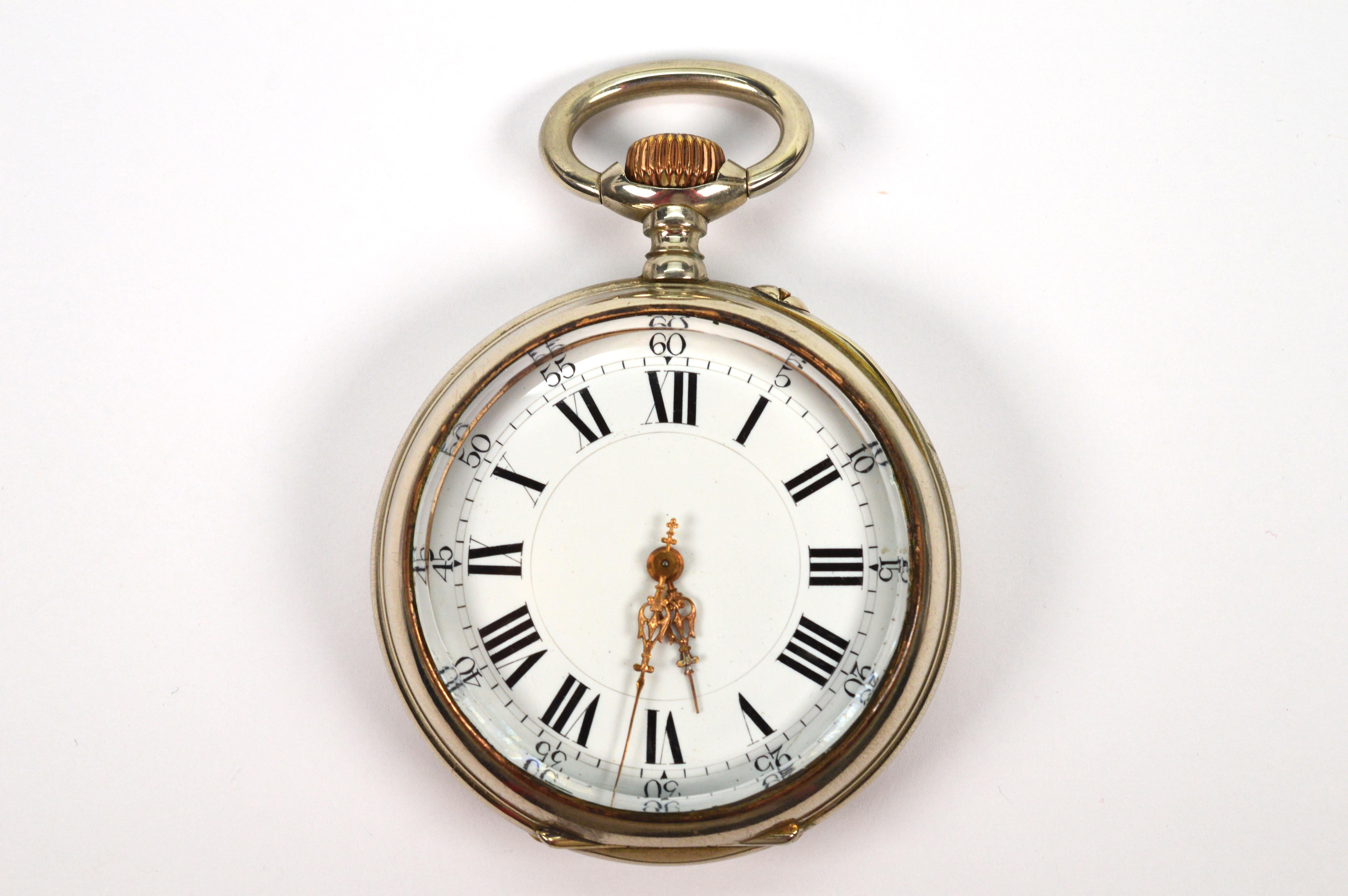 Late 19th Century Large Desk Size Nickel Pocket Watch In Good Condition For Sale In Mount Kisco, NY