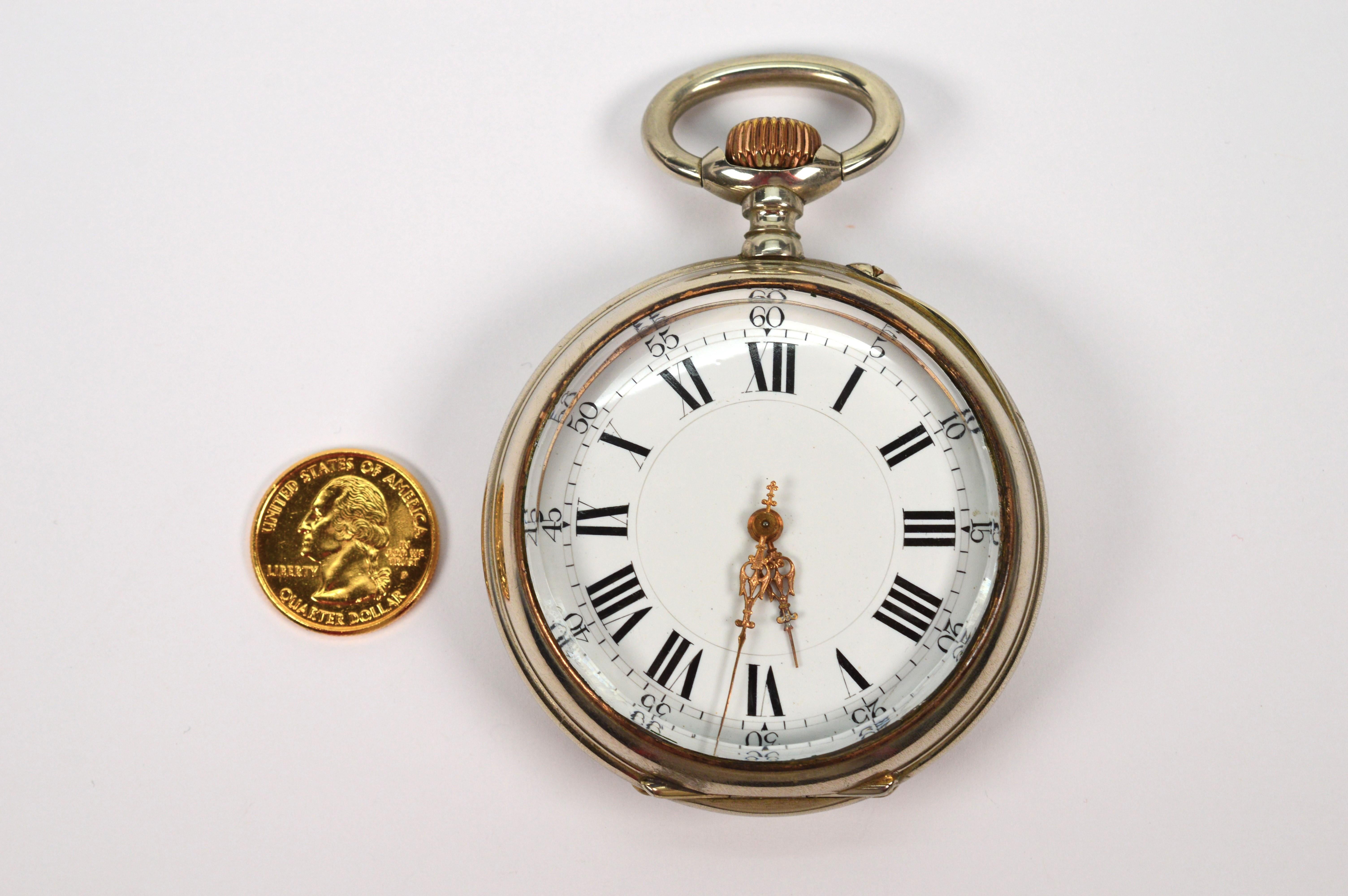 Late 19th Century Large Desk Size Nickel Pocket Watch For Sale 2