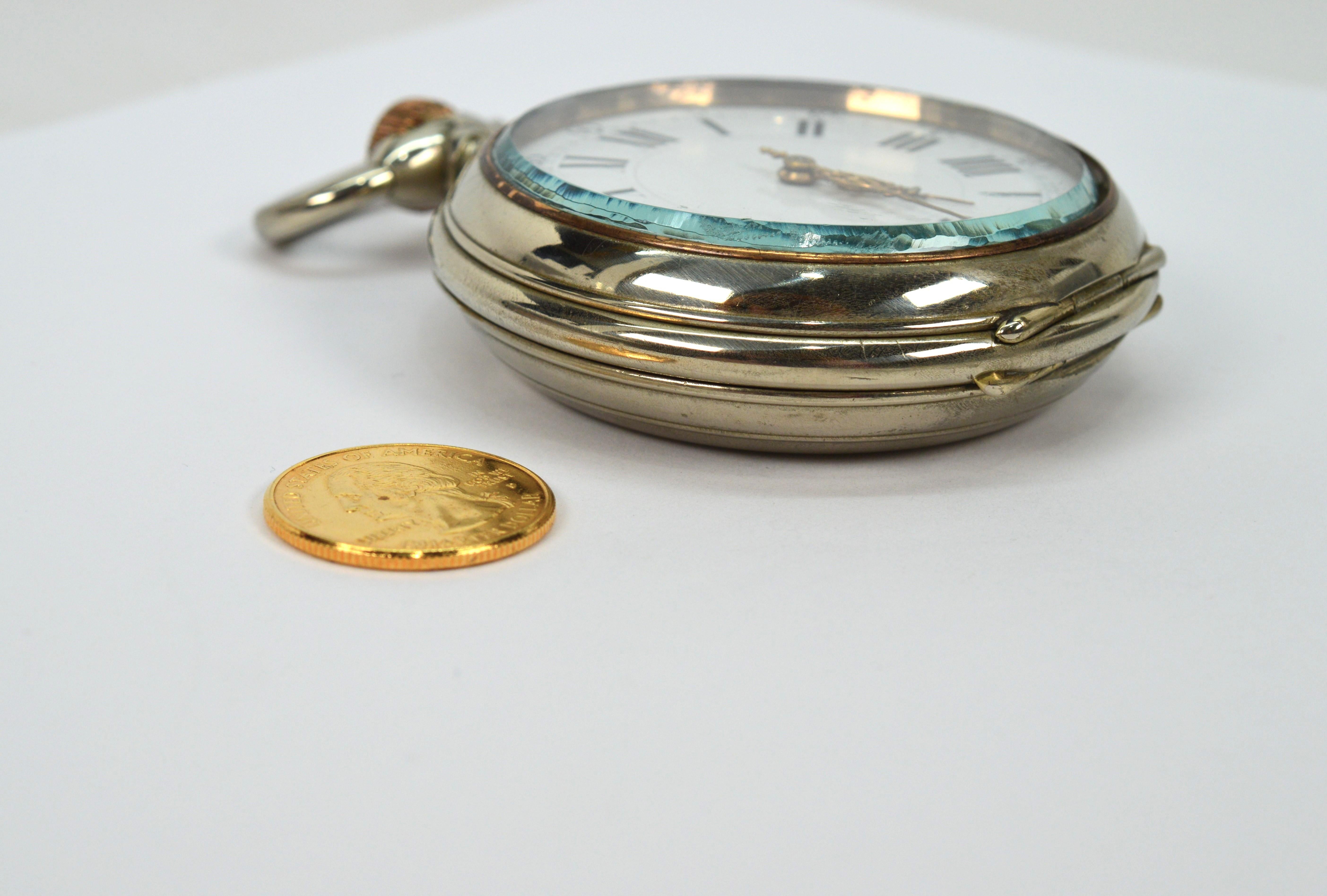 Late 19th Century Large Desk Size Nickel Pocket Watch For Sale 3