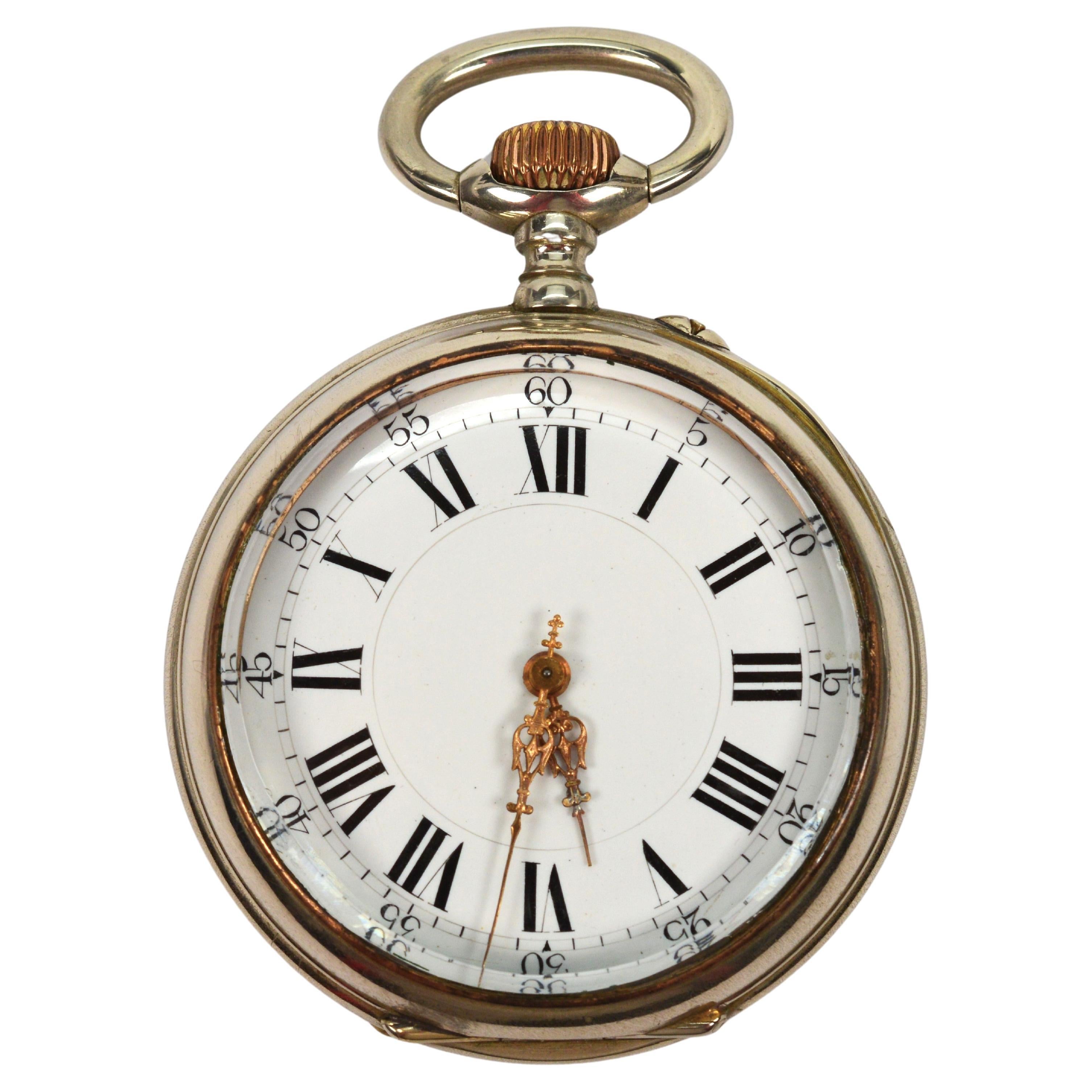 Late 19th Century Large Desk Size Nickel Pocket Watch For Sale