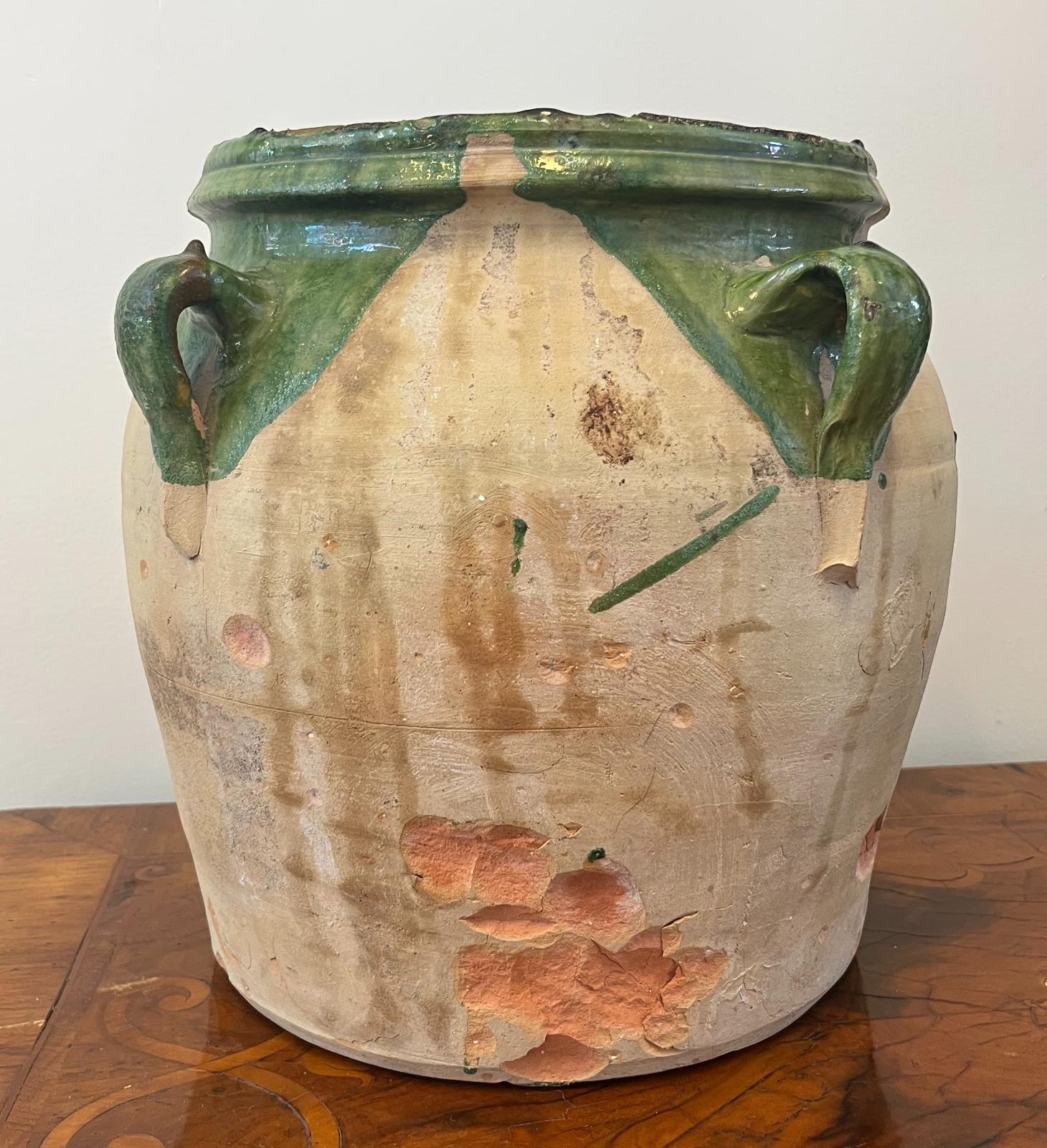 19th Century large green glazed terra cotta “Confit” pot with four handles. France, circa 1880. 
12.5” high, 14” diameter.
 