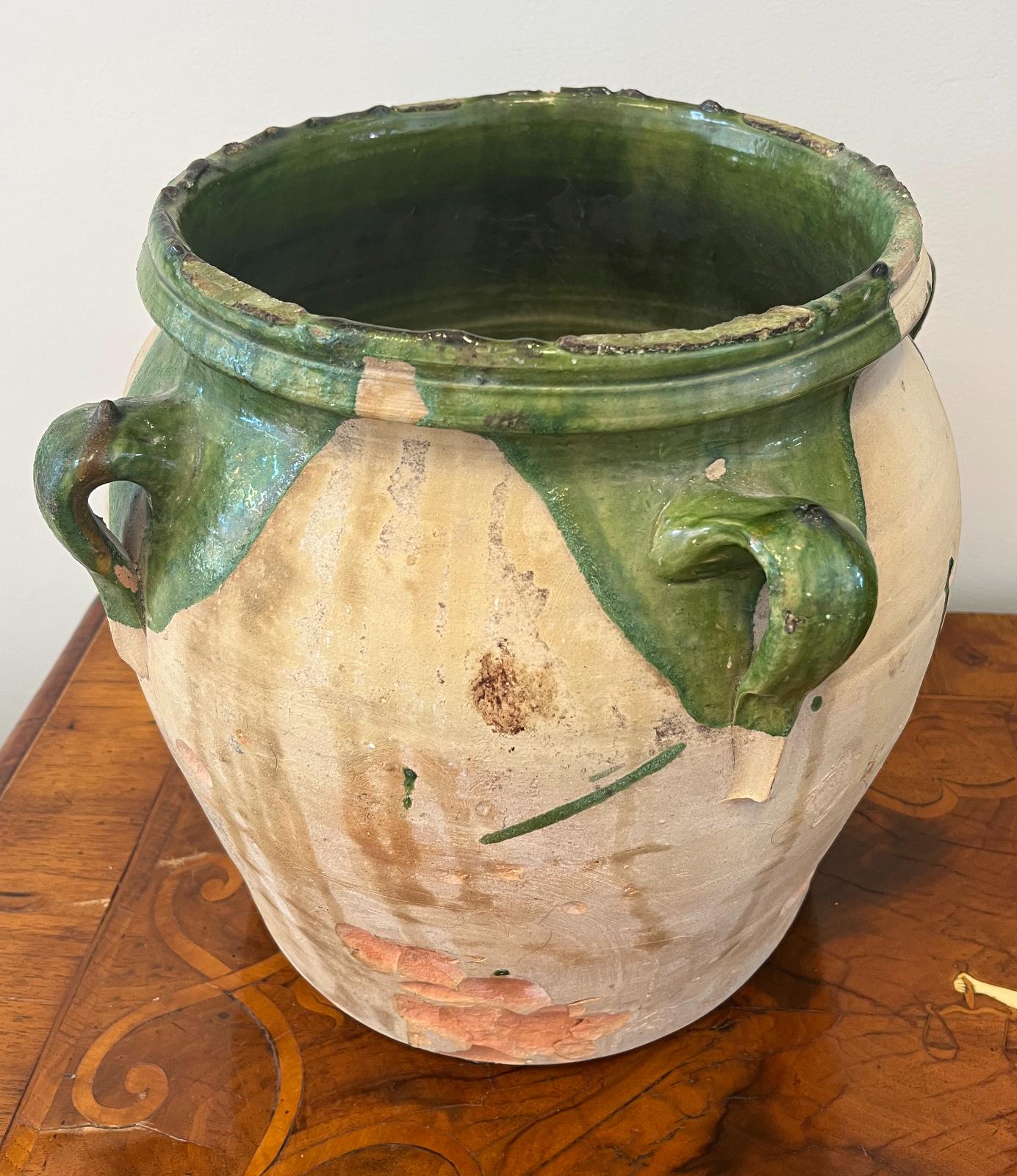 French Provincial Late 19th Century Large Green Glazed Terra Cotta “Confit” Pot with Four Handles