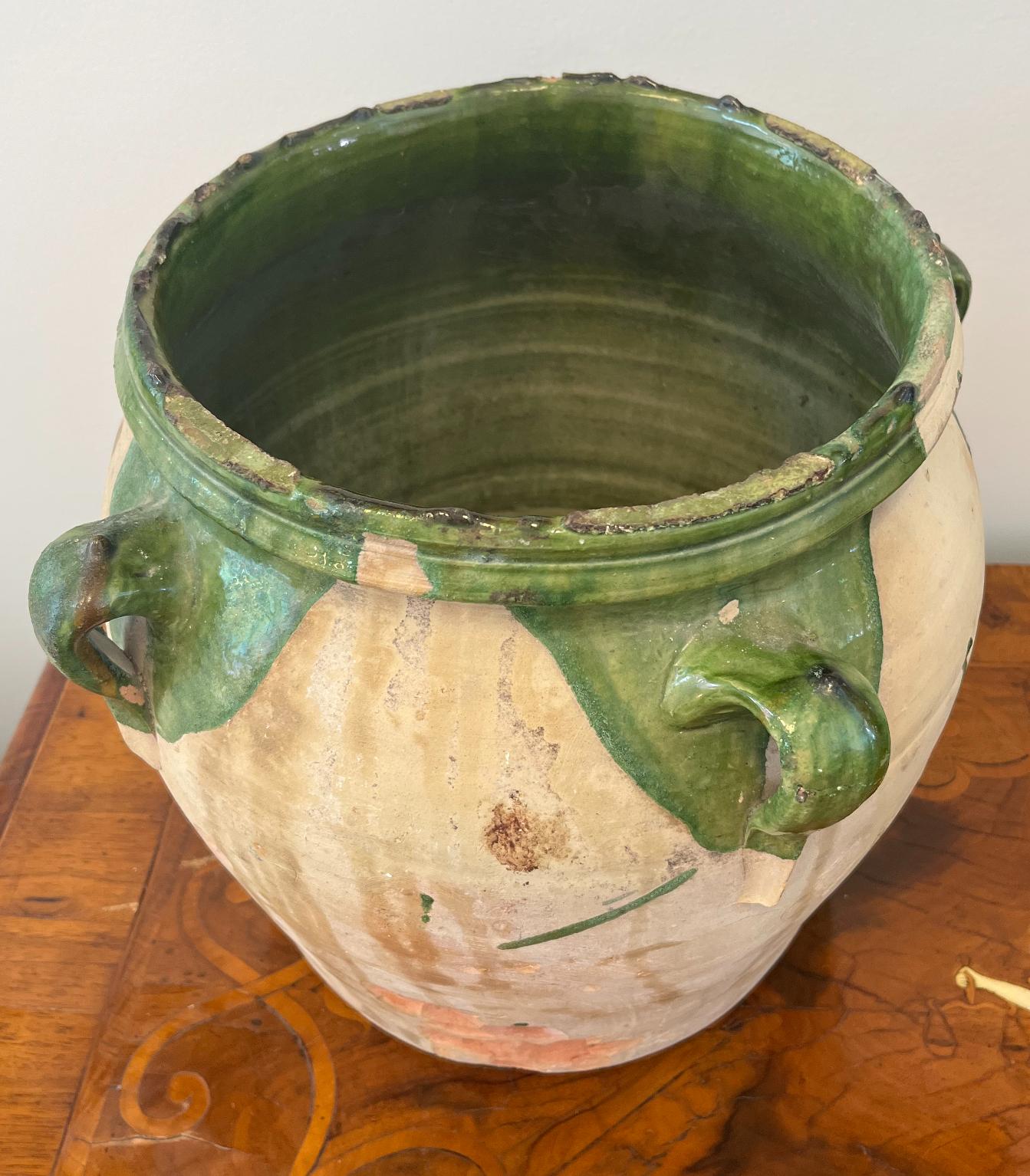 French Late 19th Century Large Green Glazed Terra Cotta “Confit” Pot with Four Handles