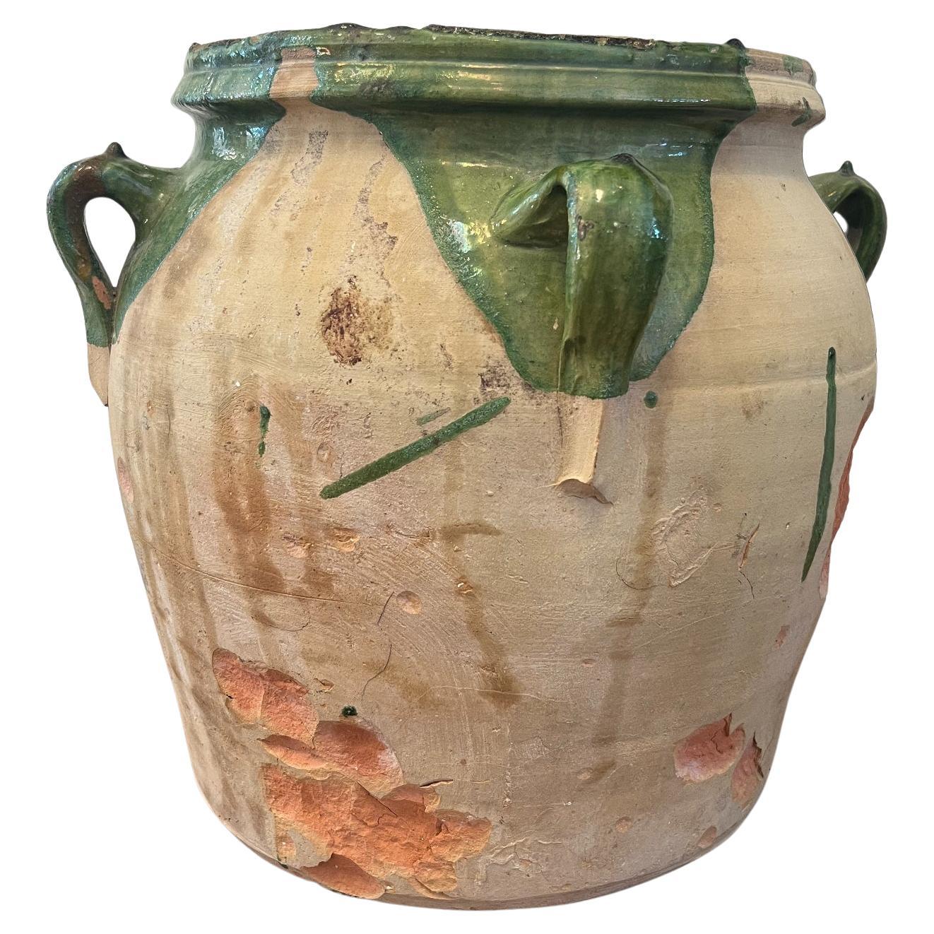 Late 19th Century Large Green Glazed Terra Cotta “Confit” Pot with Four Handles