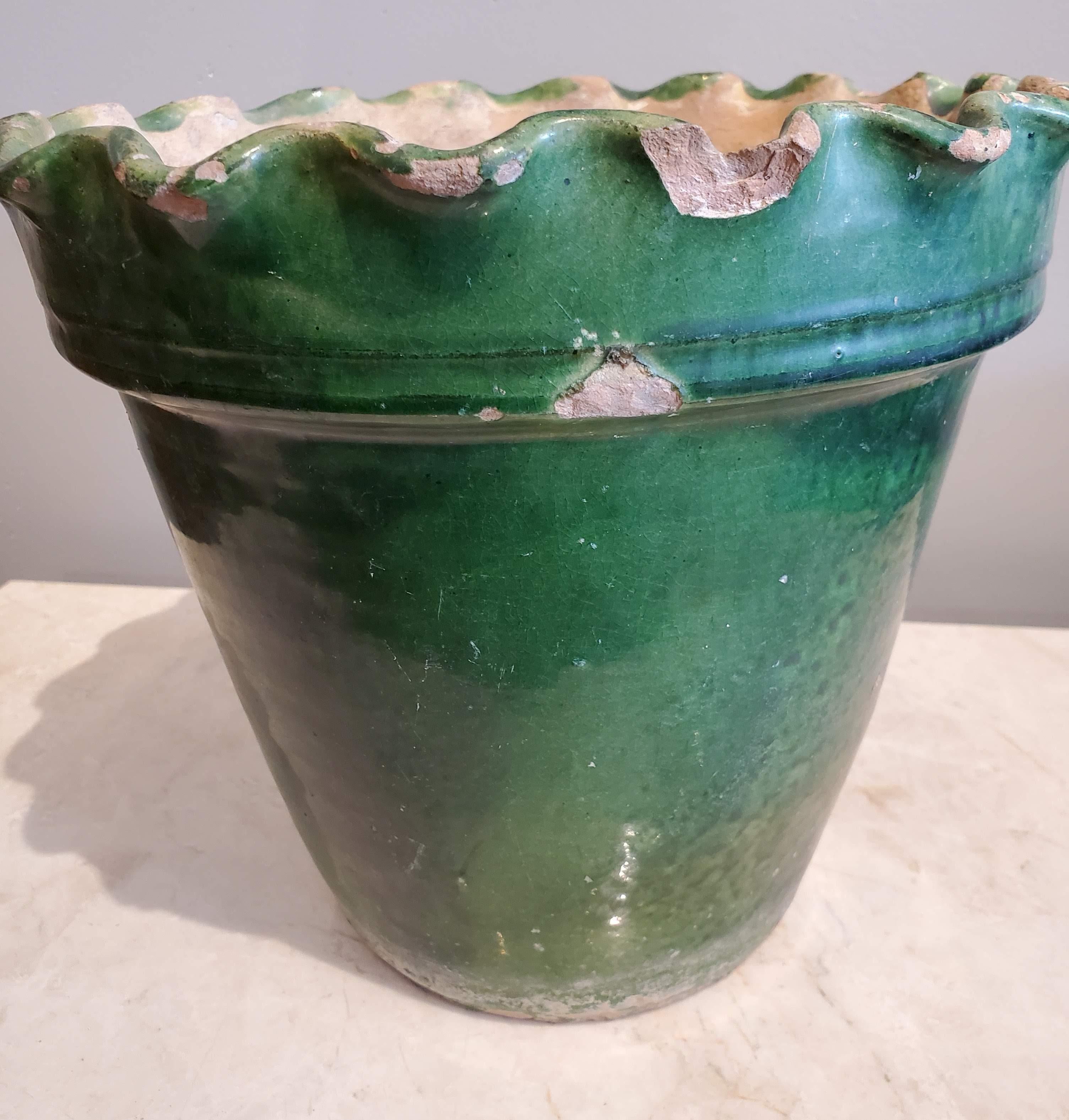 French Late 19th Century Large Green Glazed Terracotta Flower Pot