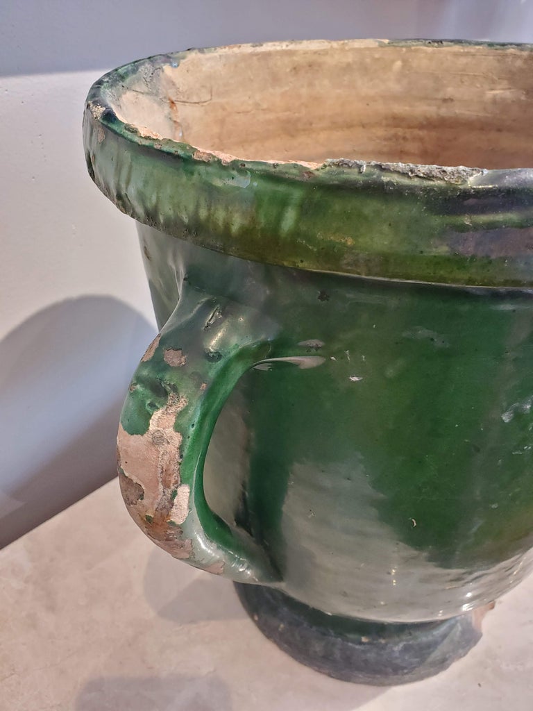 Late 19th Century Large Green Glazed Terracotta Flower Pot with Two