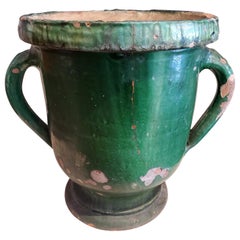 Antique Late 19th Century Large Green Glazed Terracotta Flower Pot with Two Handles