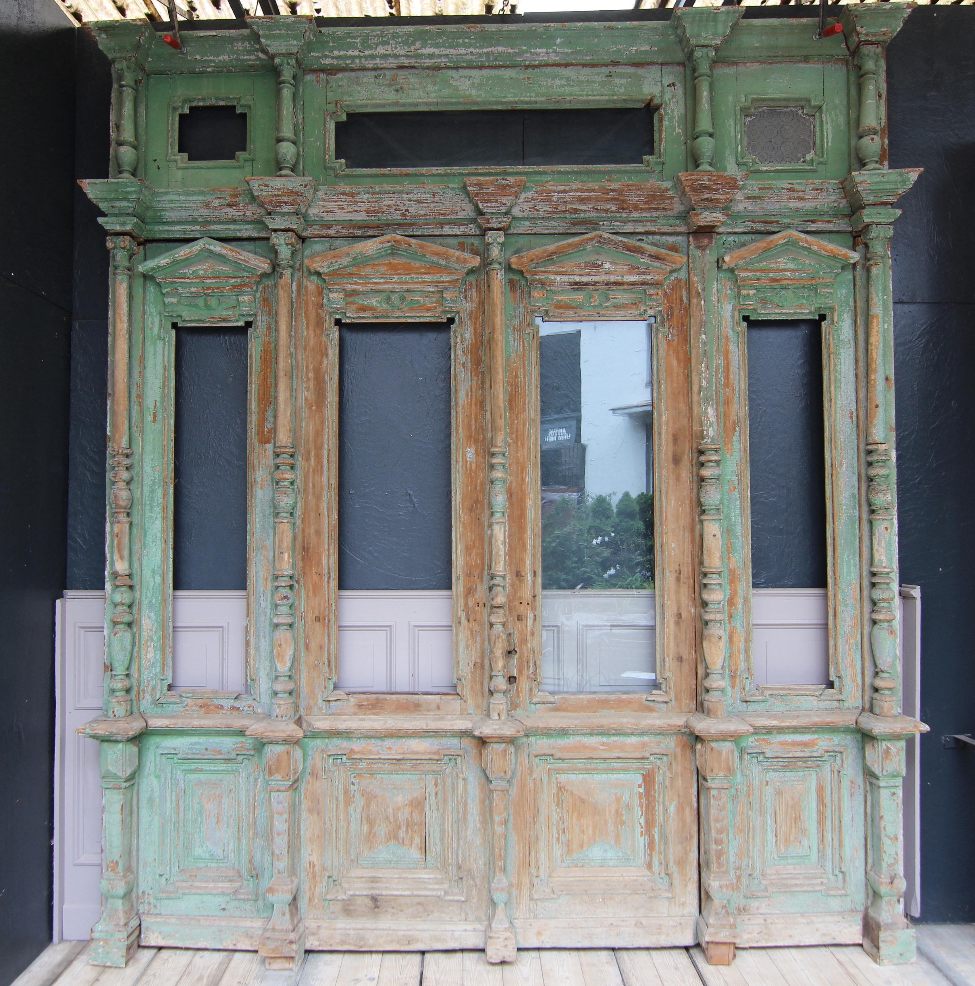 European Late 19th Century Large House Front Door Set with Double Door and Window