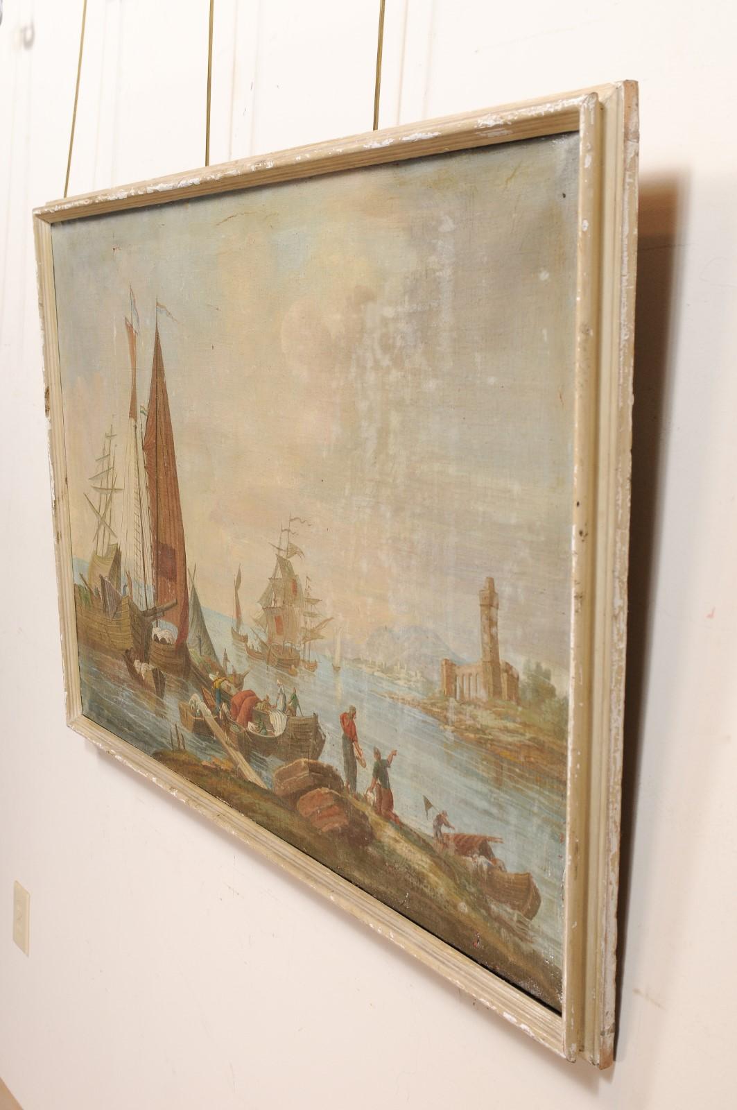 Late 19th Century Large Italian Oil on Canvas Painting of Ships at Port For Sale 9
