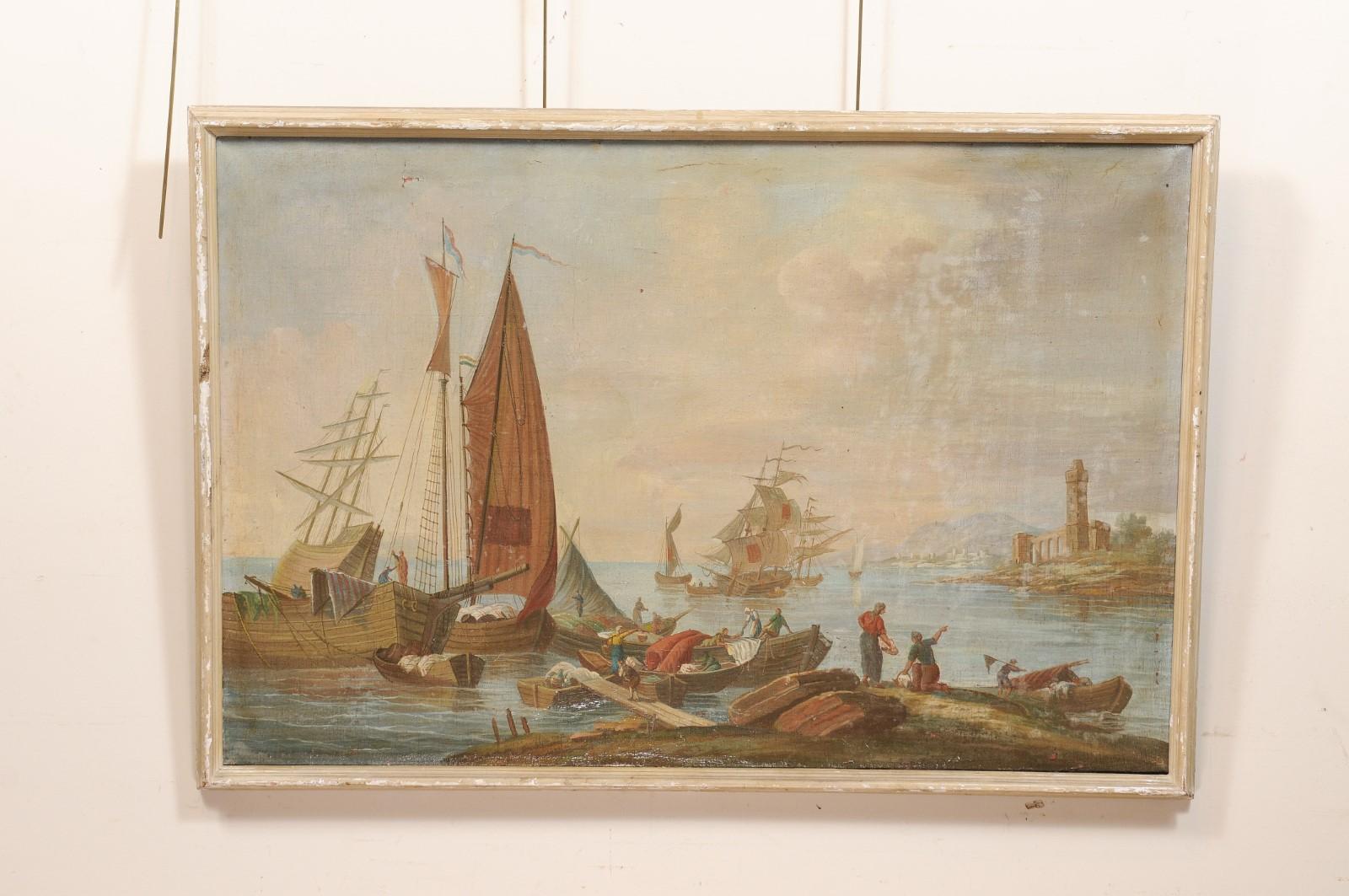 Late 19th Century Large Italian Oil on Canvas Painting of Ships at Port In Fair Condition For Sale In Atlanta, GA