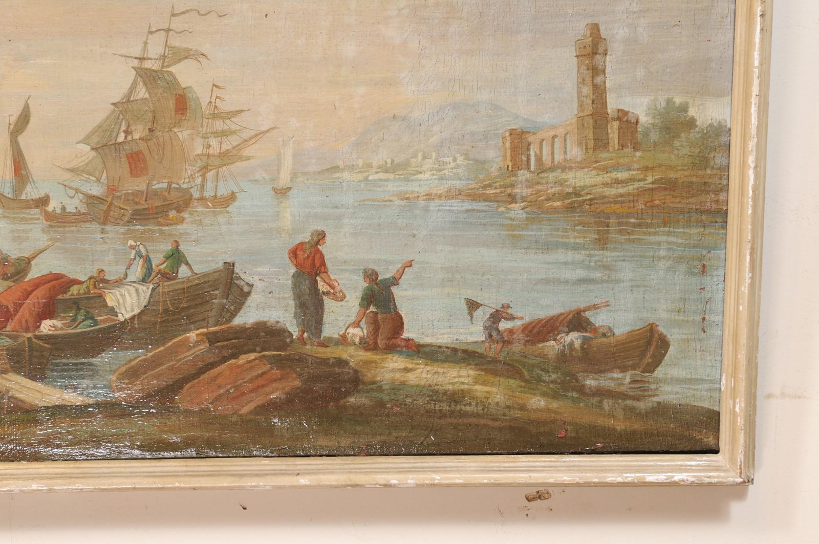 Late 19th Century Large Italian Oil on Canvas Painting of Ships at Port For Sale 5