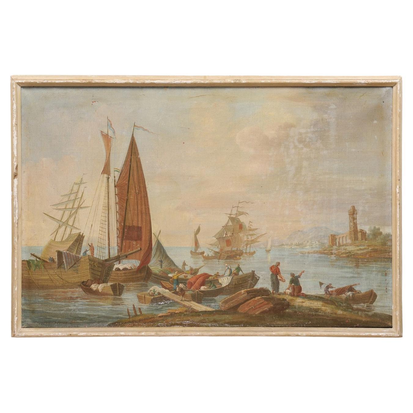 Late 19th Century Large Italian Oil on Canvas Painting of Ships at Port For Sale