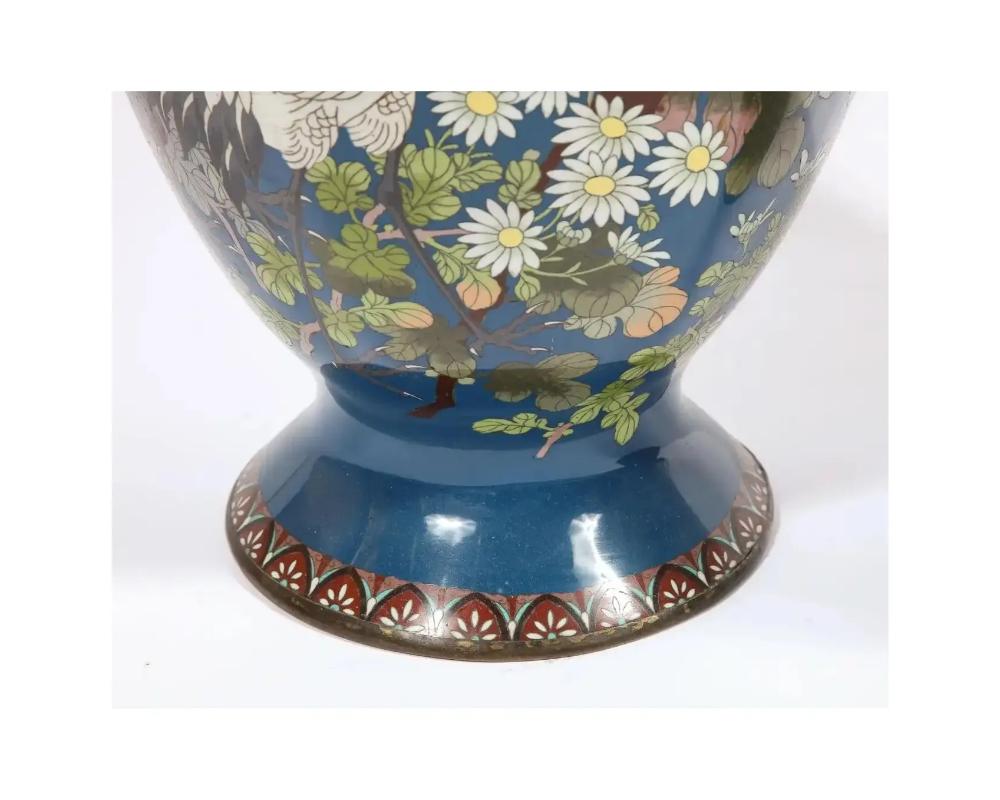 Pair of Large 19th Century Meiji Japanese Cloisonne Blue Ground Enamel Vases Cra For Sale 5
